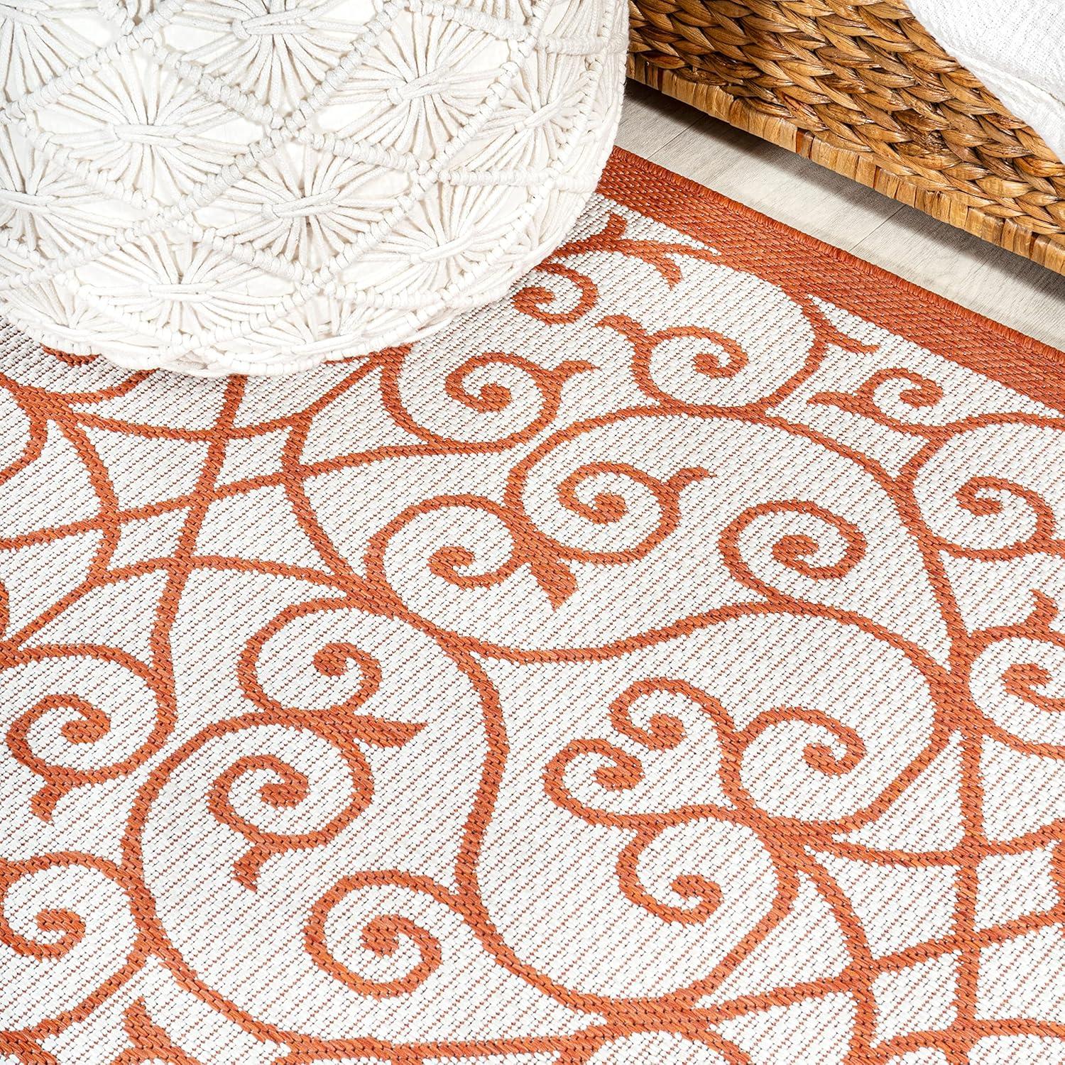 2' x 10' Madrid Vintage Filigree Textured Weave Indoor/Outdoor Runner Rug, Cream/Orange - JONATHAN Y