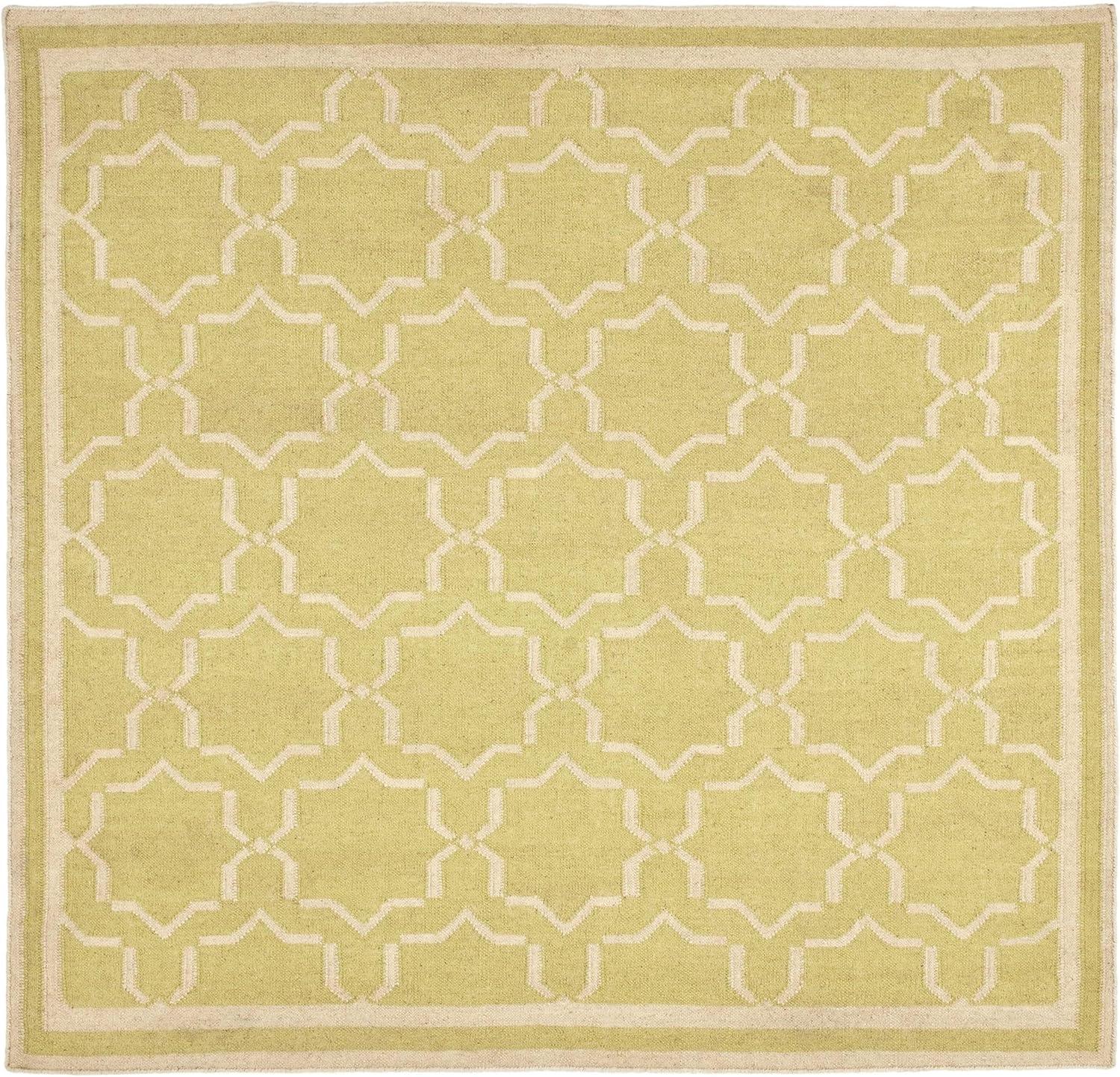 Ivory and Light Green Geometric Wool Square Rug, 6' x 6'