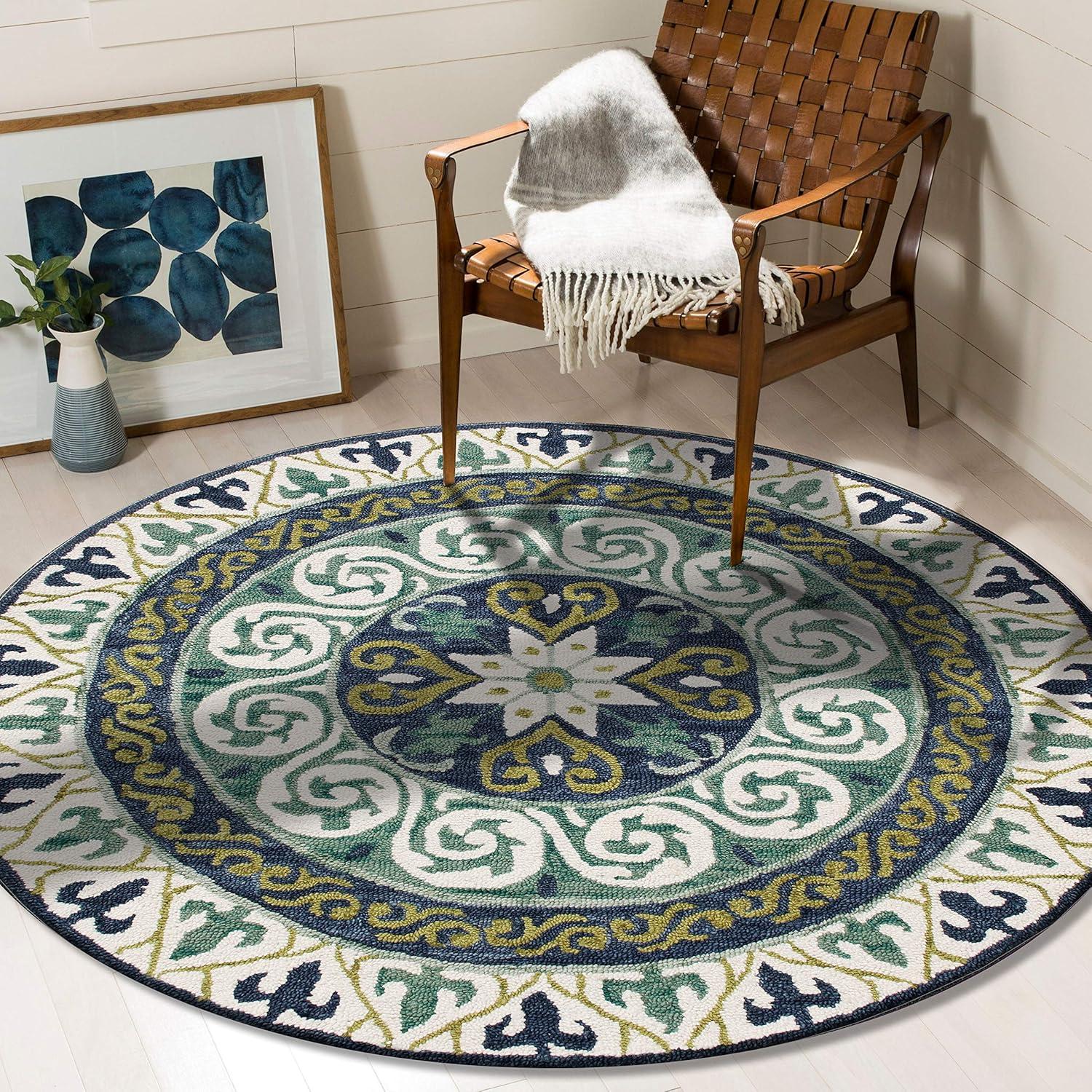 Handmade 5' Round Blue Wool and Viscose Medallion Rug