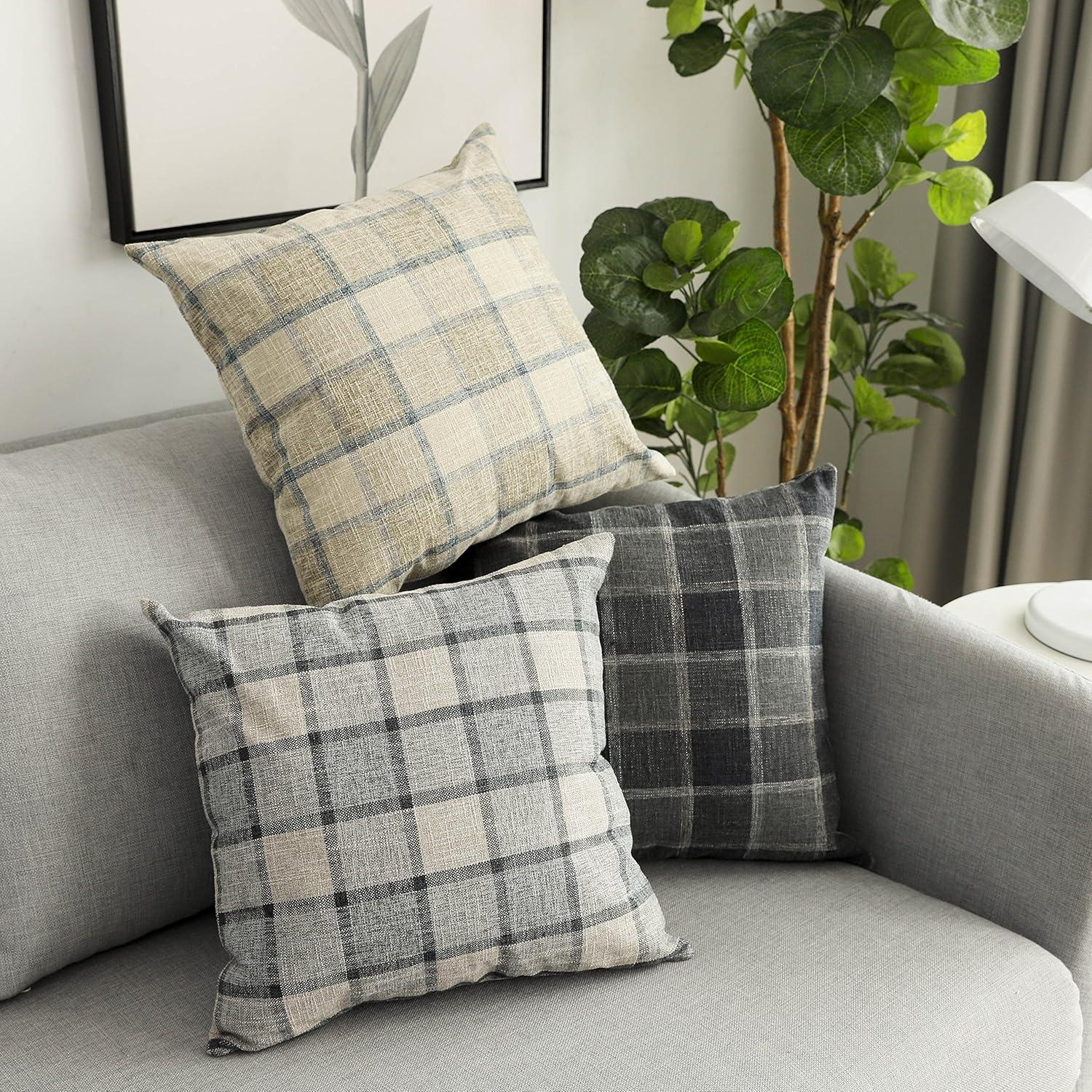 UGASA Pack of 2 Classic Retro Checkered Plaids Cotton Linen Soft Decorative Square Throw Pillow Covers Home Decor Design Cushion Case for Sofa, 18x18inch, Light Grey + Blue