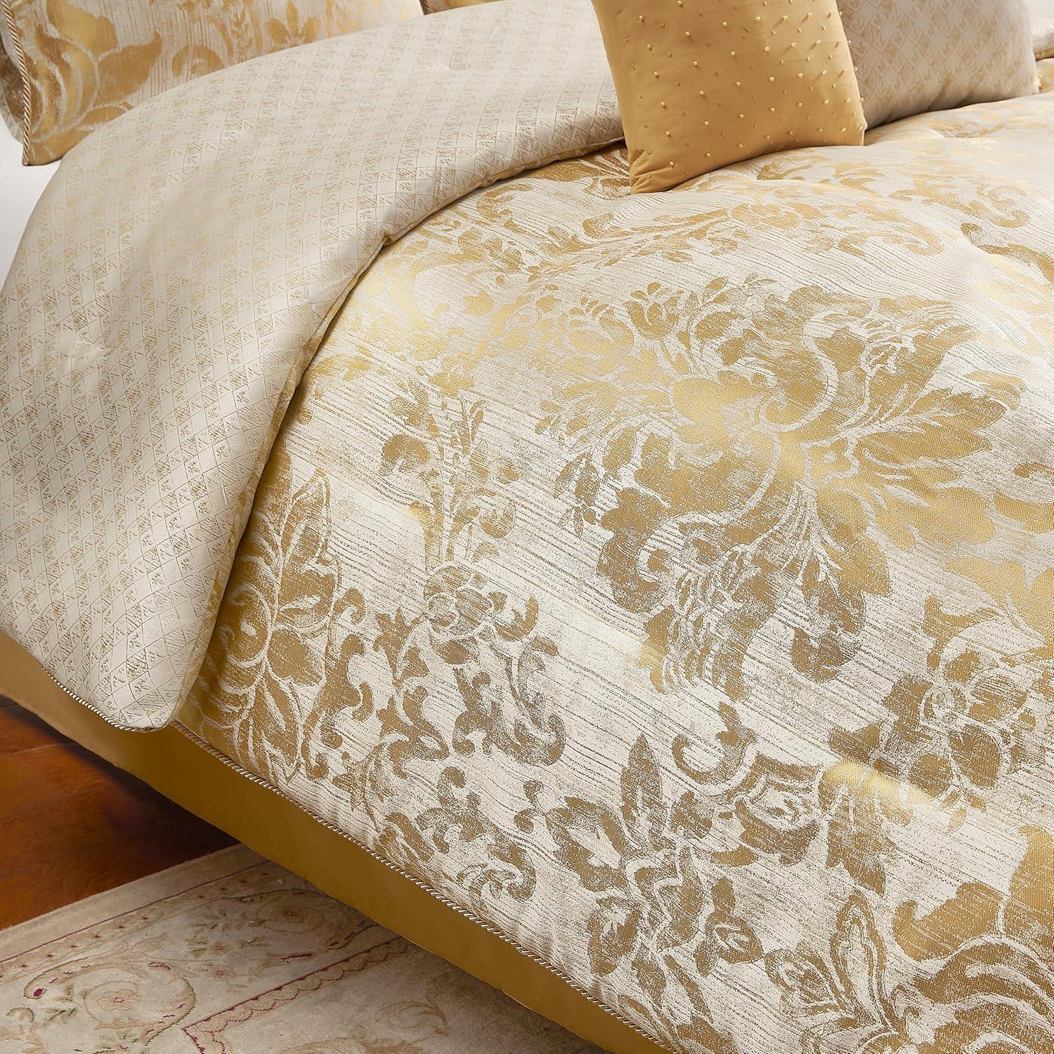 Ivory and Gold Reversible Queen Bedspread Set