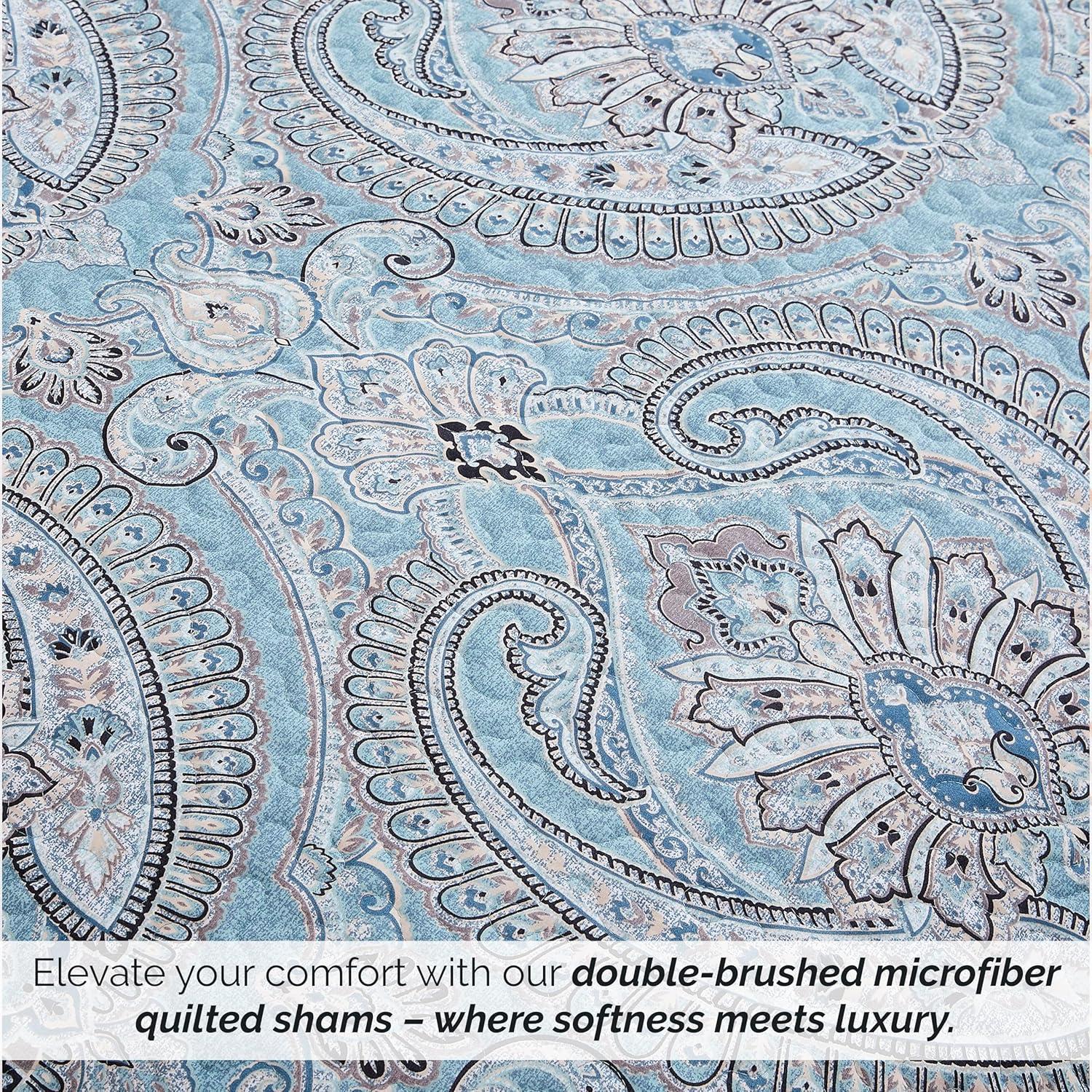 Southshore Fine Living, Inc. Paisley Boho Throw Pillow Covers 20"x26", Quilted Pillow Shams Standard Size Set of 2, Fit Queen or Full Pillows, Complements Boho Bedroom Decor, Aqua Paisley