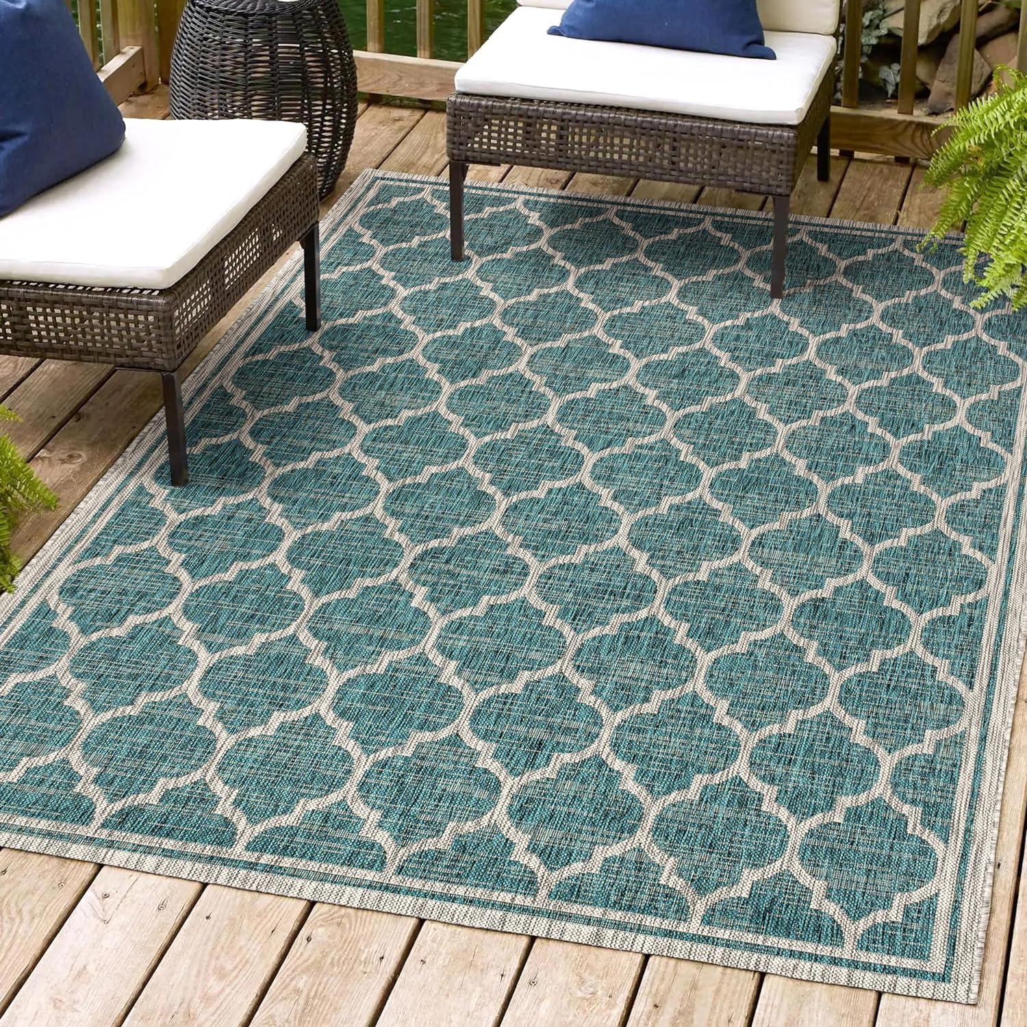 4'x6' Trebol Moroccan Trellis Textured Weave Indoor/Outdoor Area Rug, Teal/Gray - JONATHAN Y