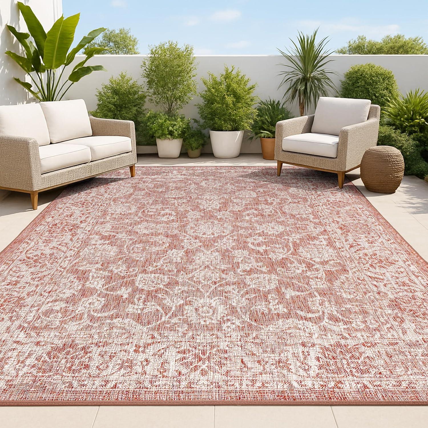 8'x10' Tela Bohemian Textured Weave Floral Indoor/Outdoor Area Rug, Red/Taupe - JONATHAN Y