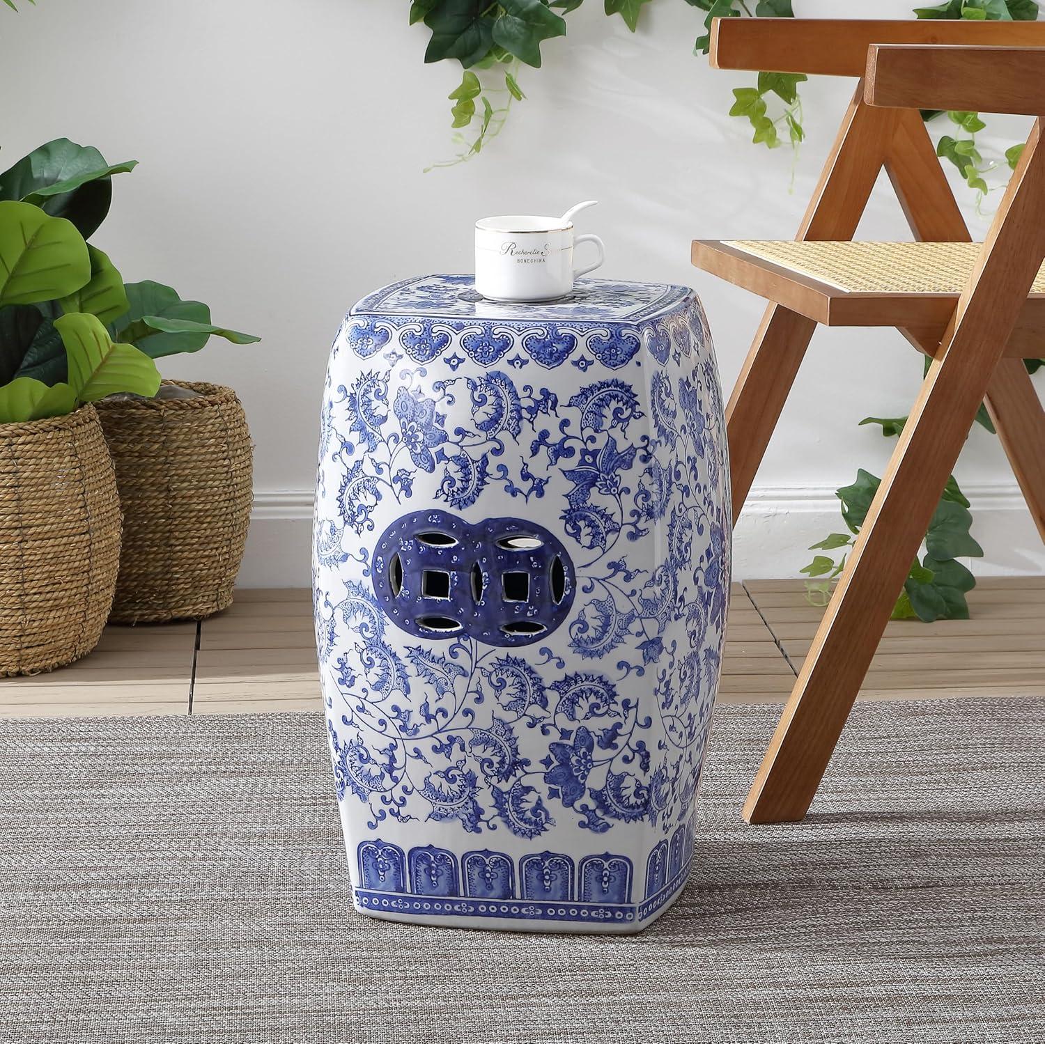 JONATHAN Y Floral Vine 18.5" Chinoiserie Ceramice Square Garden Stool, Blue/White