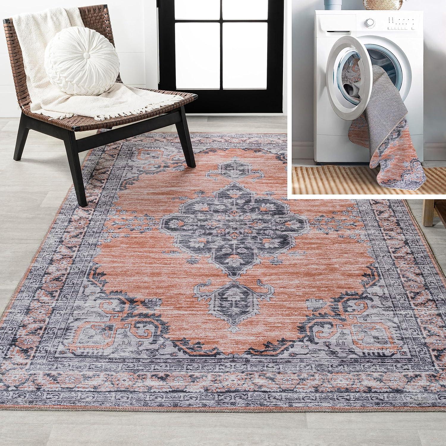 Wincer Chenille Cottage Medallion Machine-Washable Orange/Gray 8 ft. x 10 ft. Area Rug - JONATHAN Y