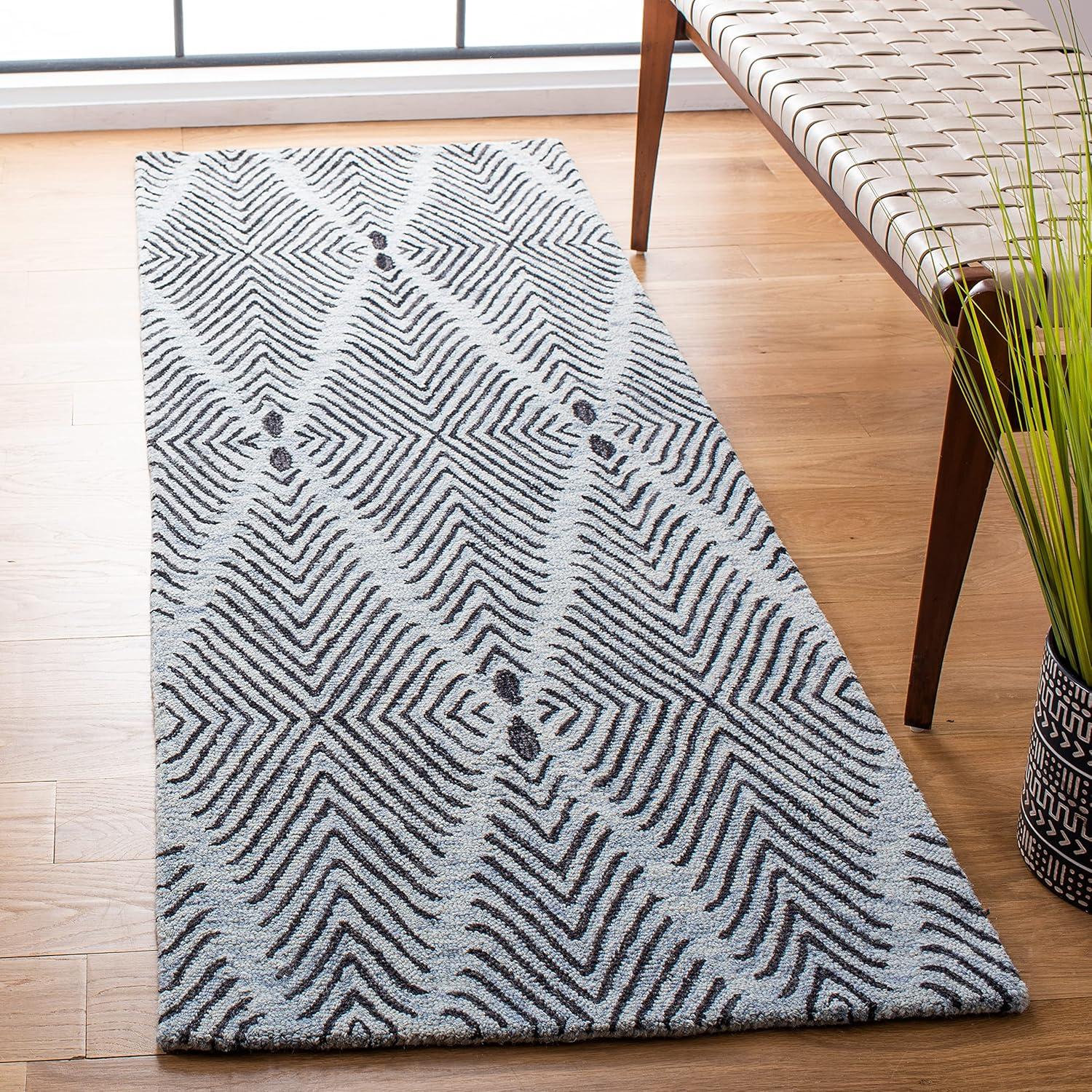 Light Blue and Charcoal Hand-Tufted Wool Runner Rug