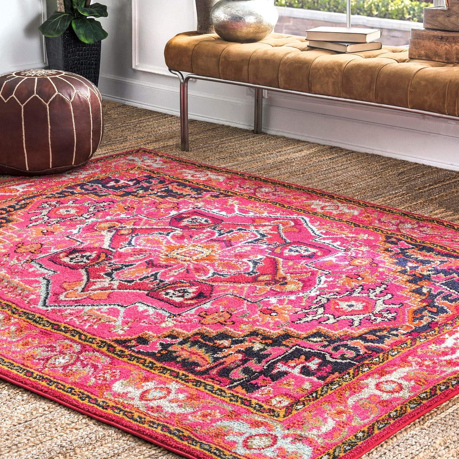 Rosie Pink Round Synthetic Bohemian Area Rug - 4' Diameter