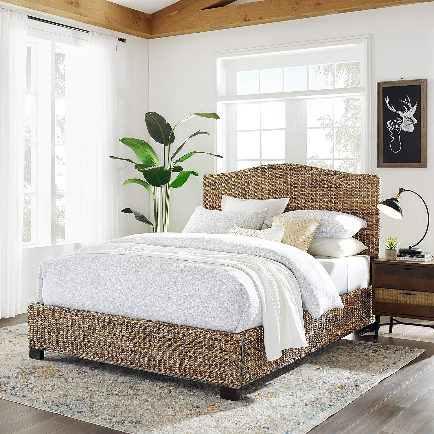 Queen Serena Bed Banana Leaf - Crosley: Coastal Style Plywood & Wood Frame, Curved Headboard Design