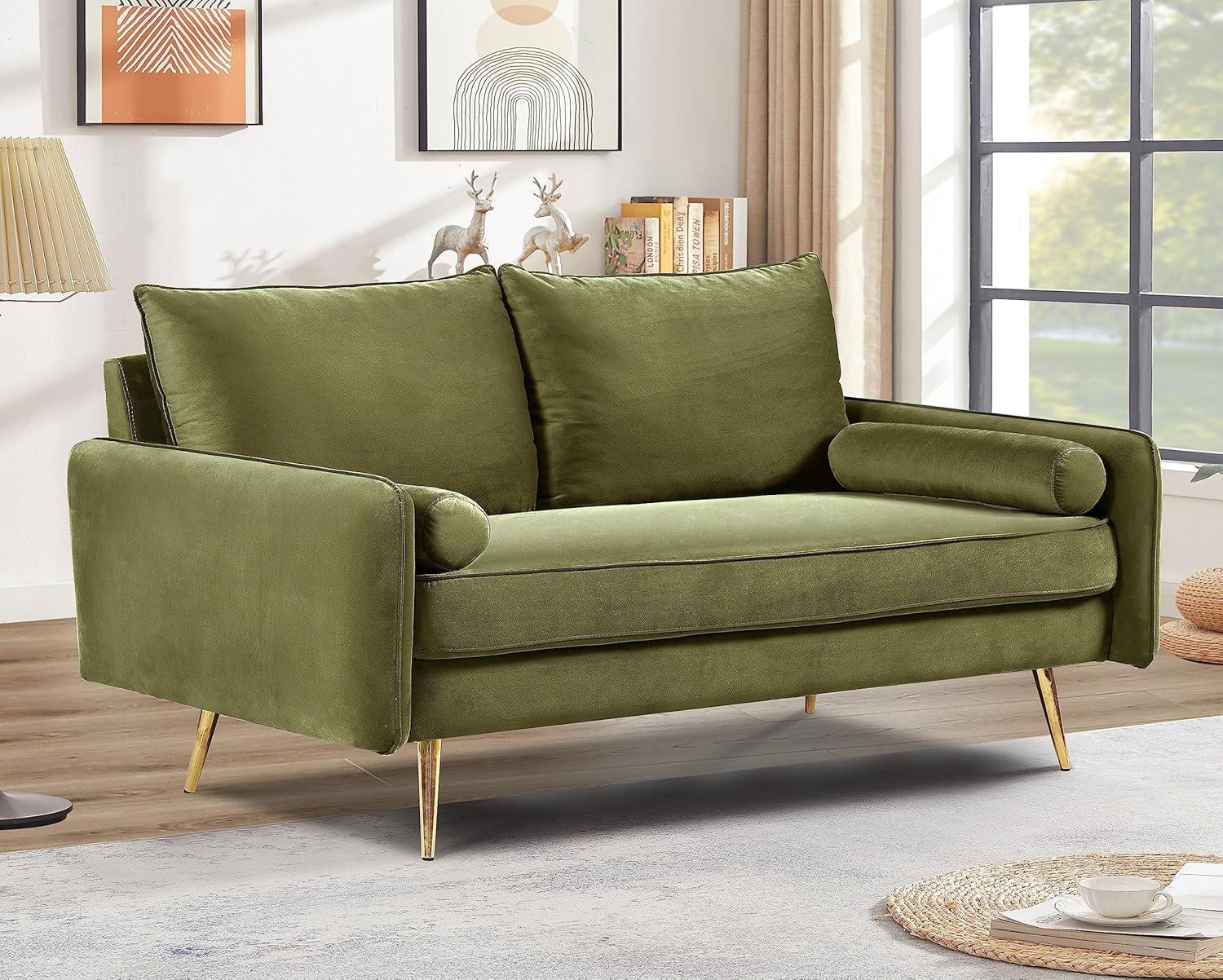 Olive Green Velvet Modern Loveseat with Tapered Legs