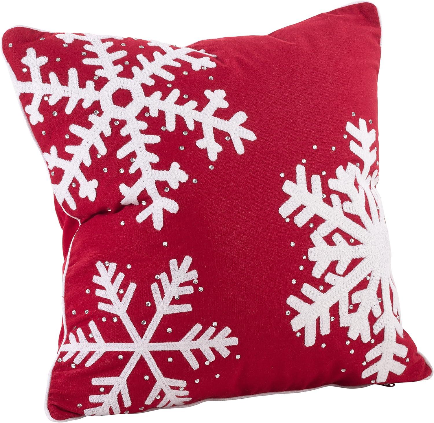 Ruby Red Embroidered Snowflake Square Throw Pillow