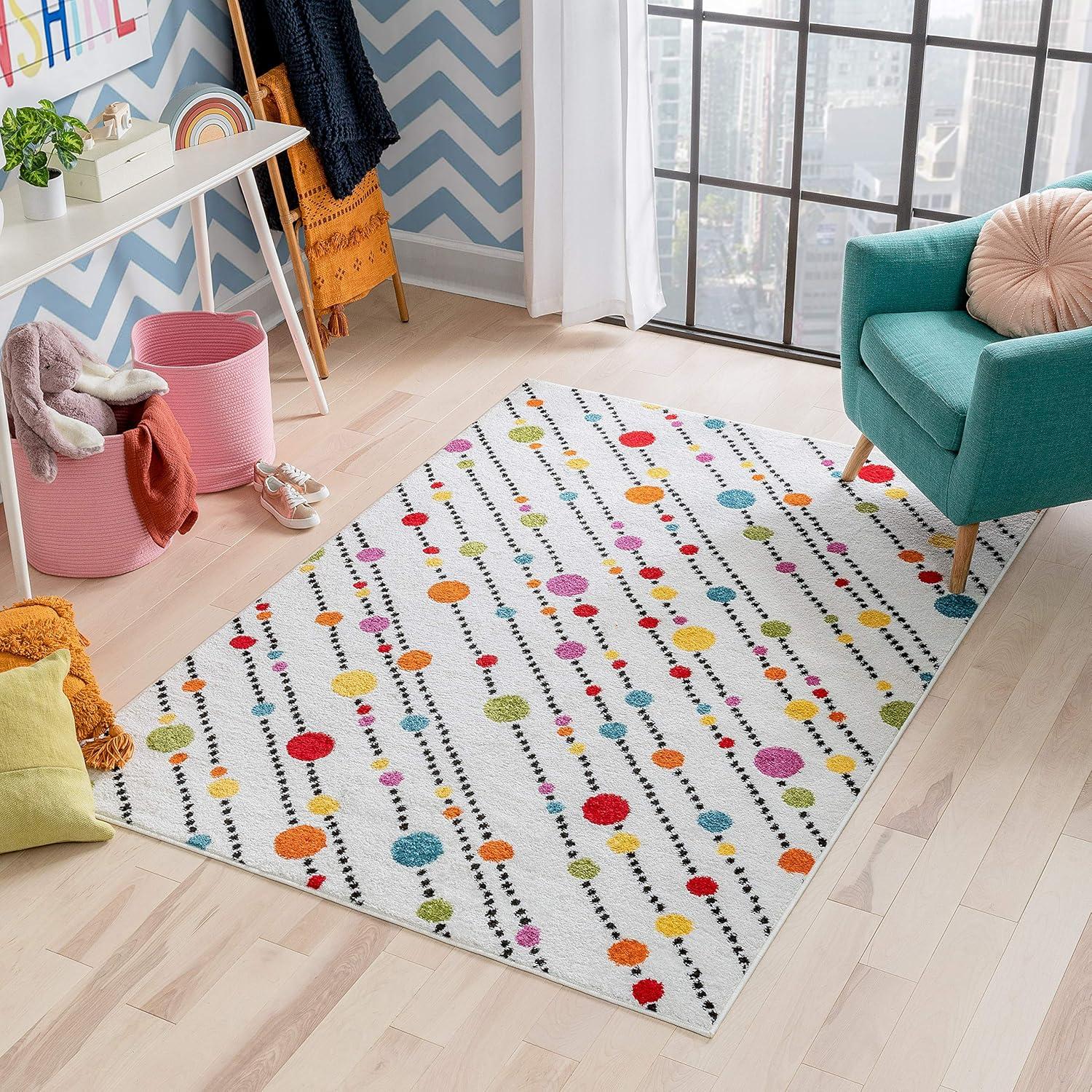 Well Woven Modern Rug Dandy Dots Stripes IvoryAccent Area Rug Entry Way Bright Kids Room Kitchn Bedroom Carpet Bathroom Soft Durable Area Rug