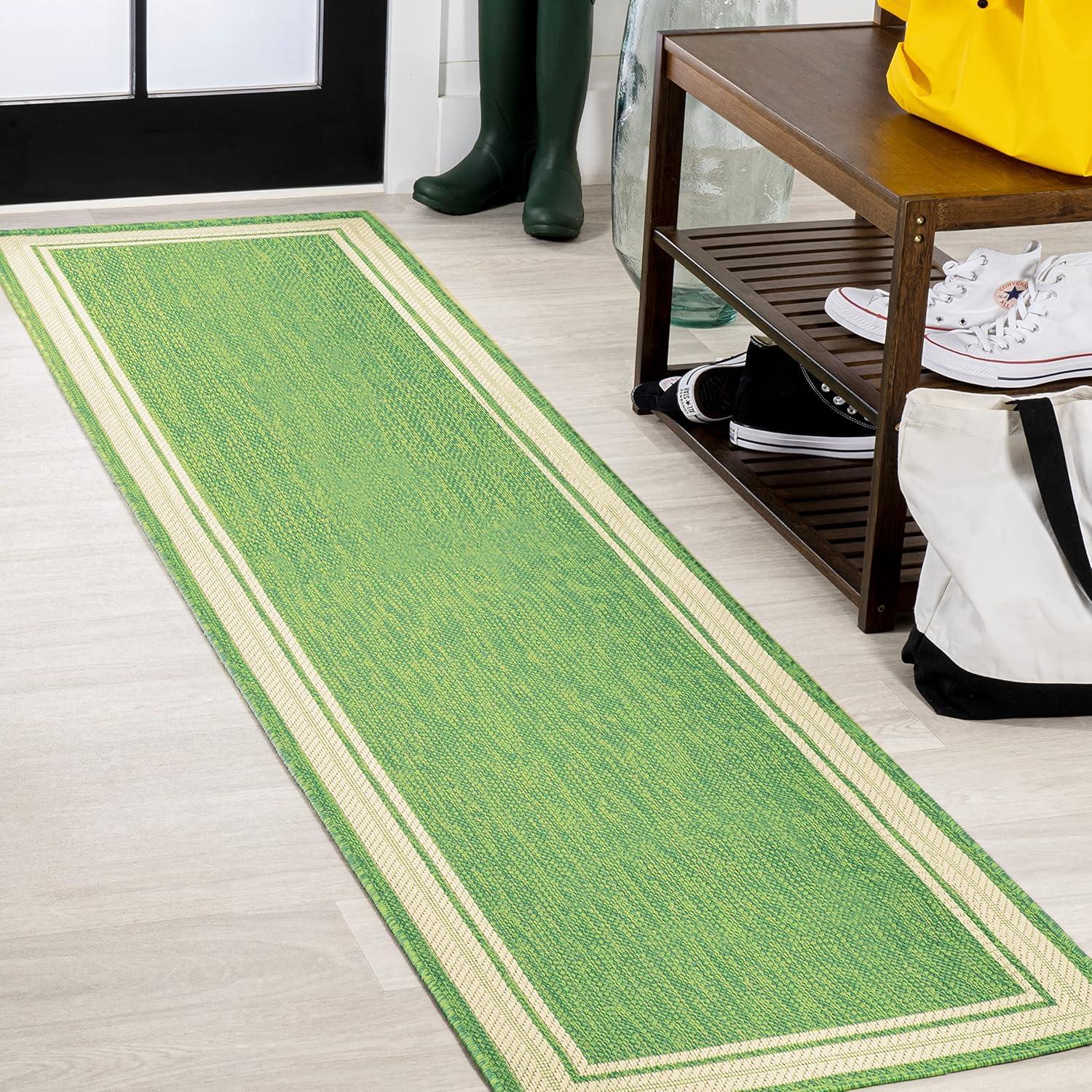 2' x 8' James Modern Border Stripe Indoor/Outdoor Runner Rug, Green/Cream - JONATHAN Y