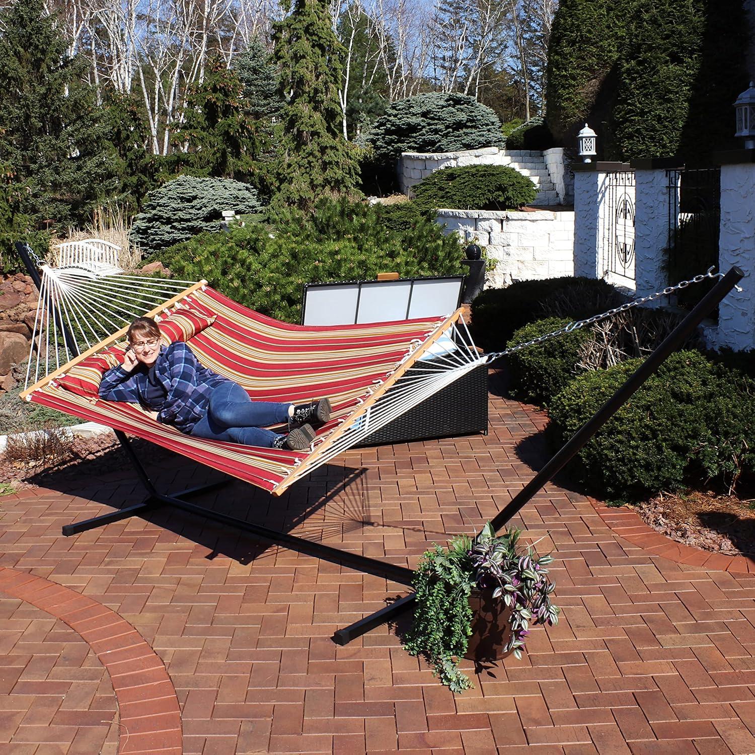 Sunnydaze 2-Person Freestanding Quilted Fabric Spreader Bar Hammock with Detachable Pillow and Stand - 400 lb Weight Capacity/15' Stand - Red Stripe