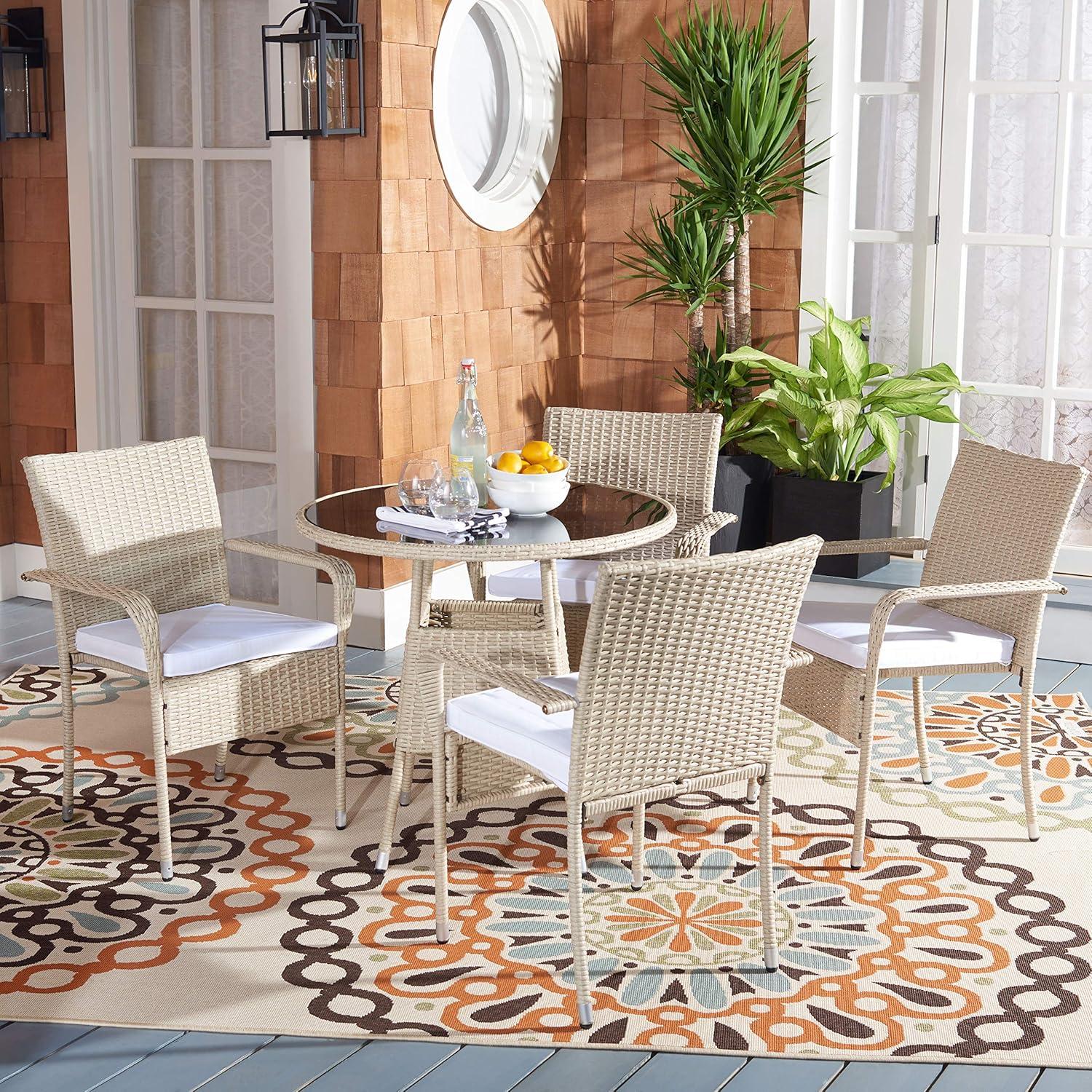 Laina Beige and White Wicker Bistro Set with Cushions