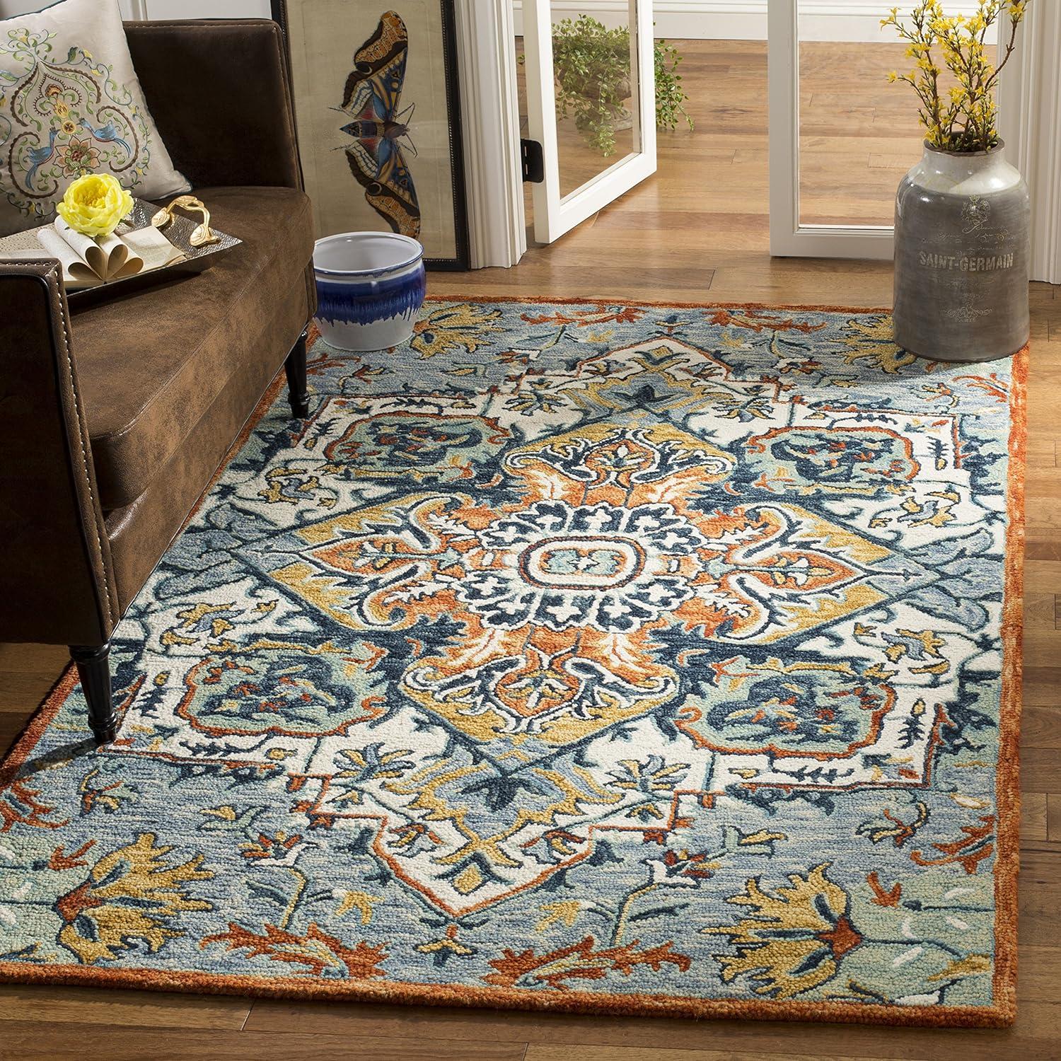 Bohemian Blue Floral Hand-Tufted Wool Rectangular Rug