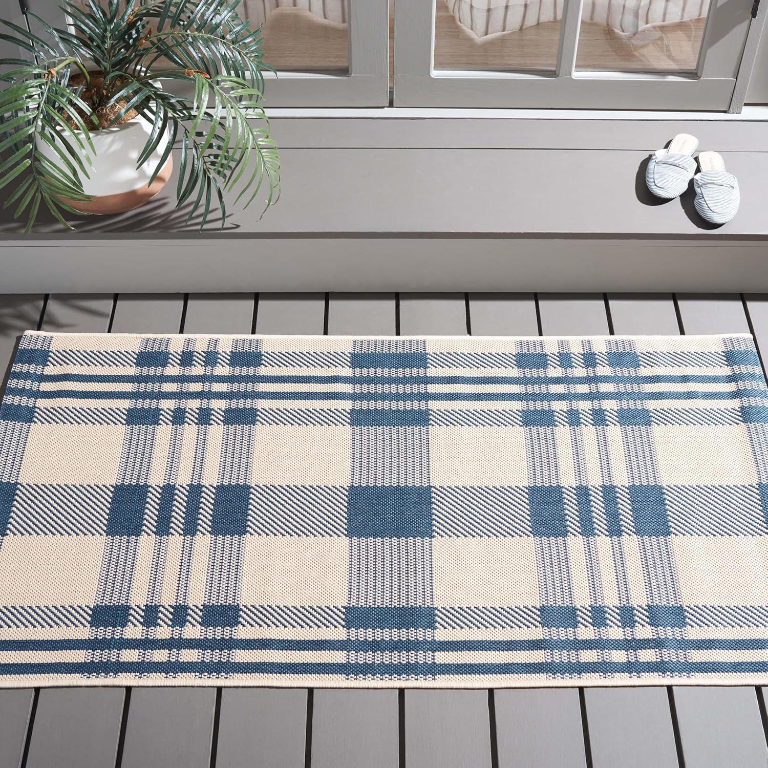 Beige and Blue Plaid Indoor/Outdoor Synthetic Rug