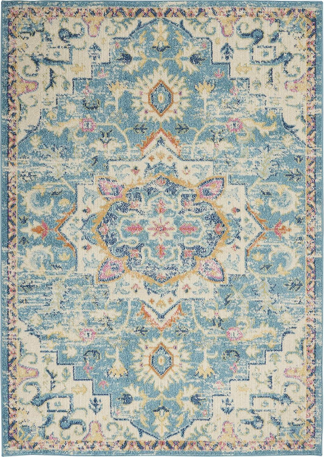 Ivory and Turquoise Floral Power-Loomed 6'7" x 9'6" Area Rug