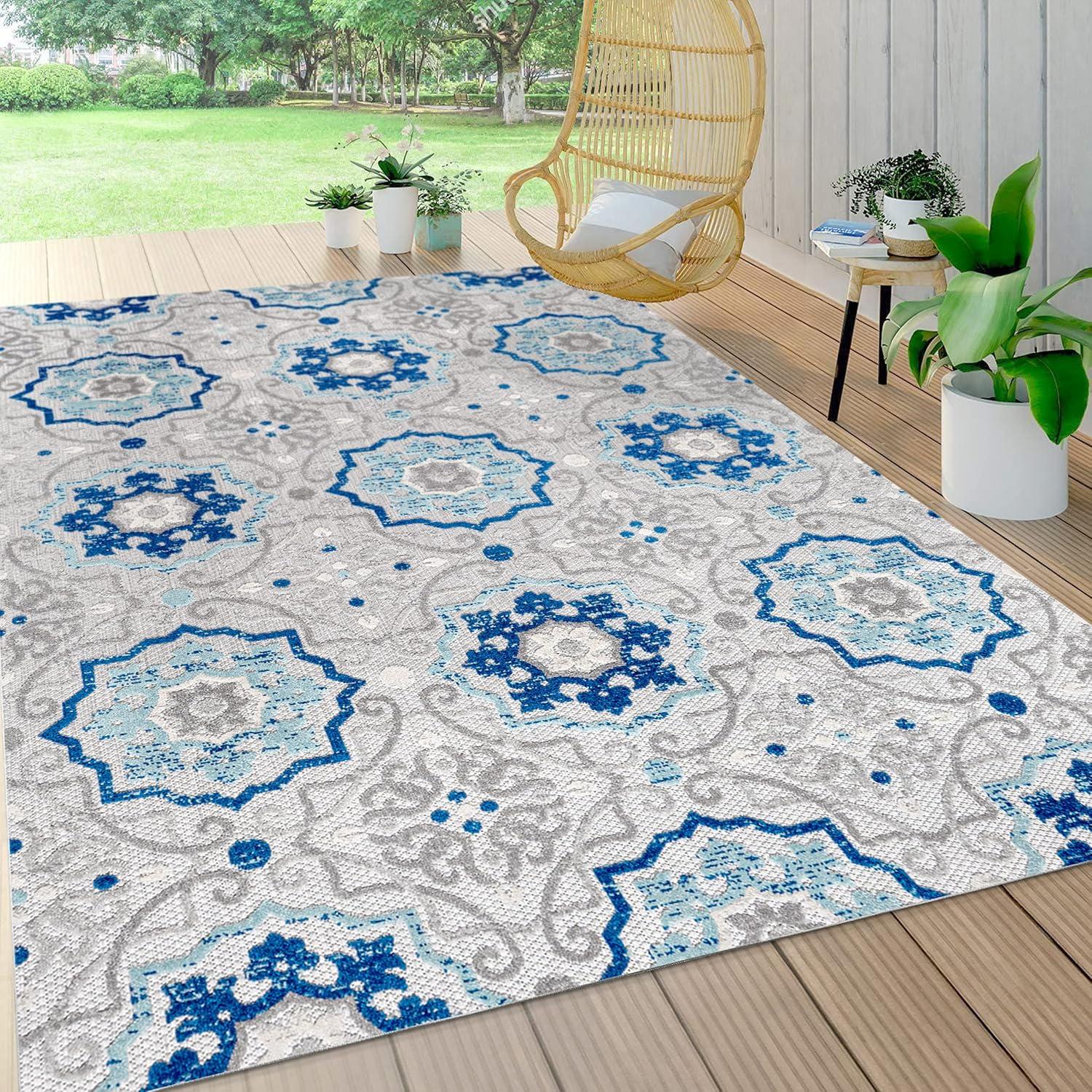 5'x8' Mediterranean Medallion Indoor/Outdoor Area Rug, Blue/Gray - JONATHAN Y