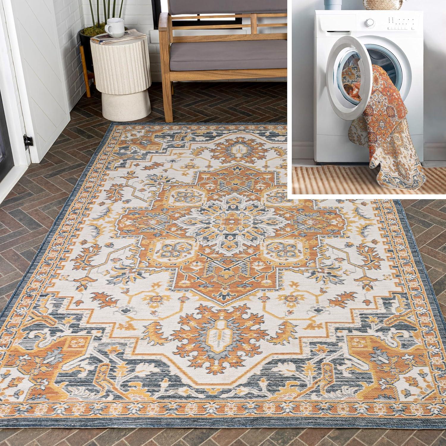 JONATHAN Y Bijan Traditional Vintage Medallion Reversible Machine-Washable Terra/Blue/Cream 3 ft. x 5 ft. Indoor/Outdoor Area Rug
