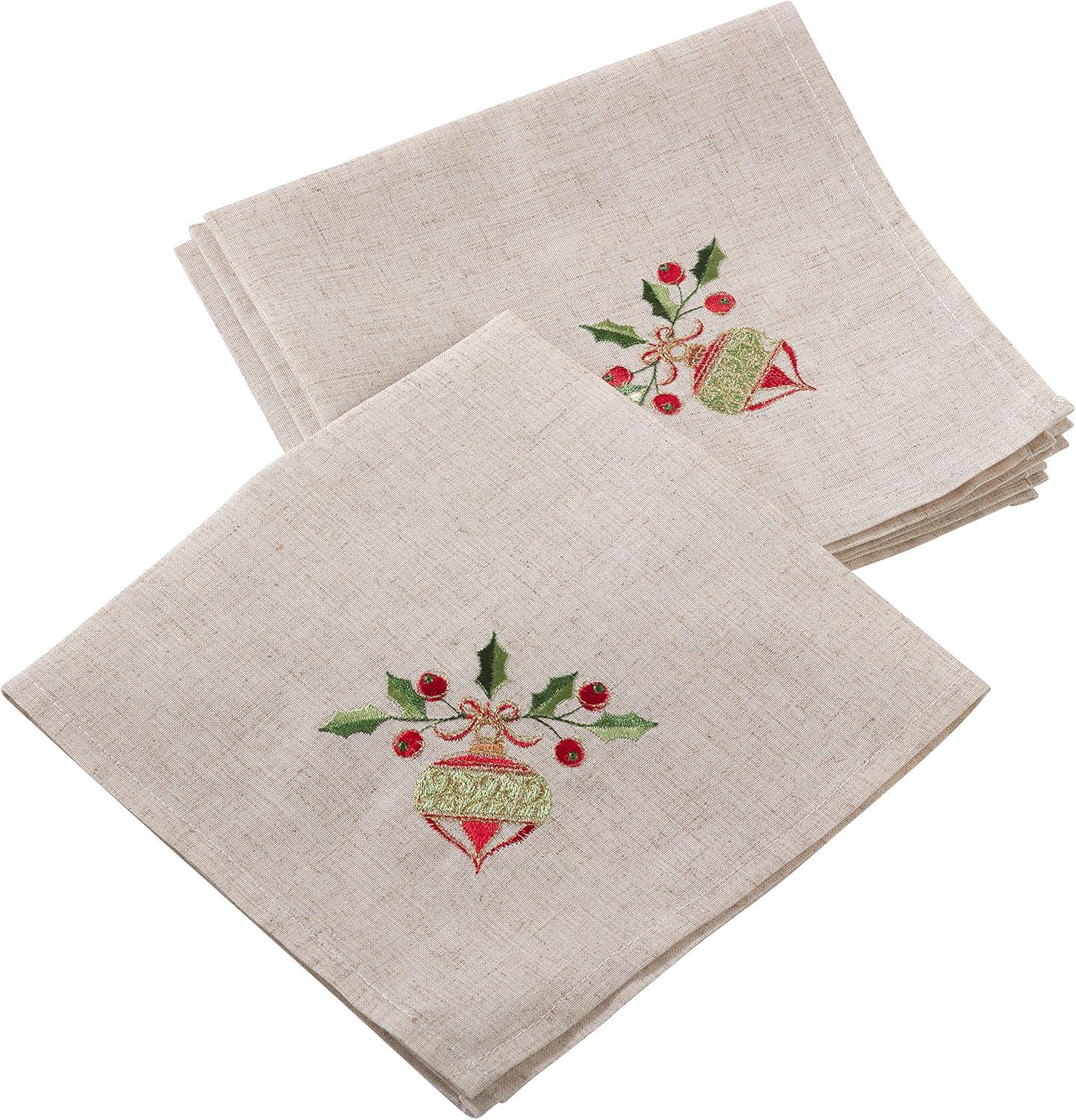 Embroidered Ornament Holly Design Linen Blend Holiday Napkins - Set of 4