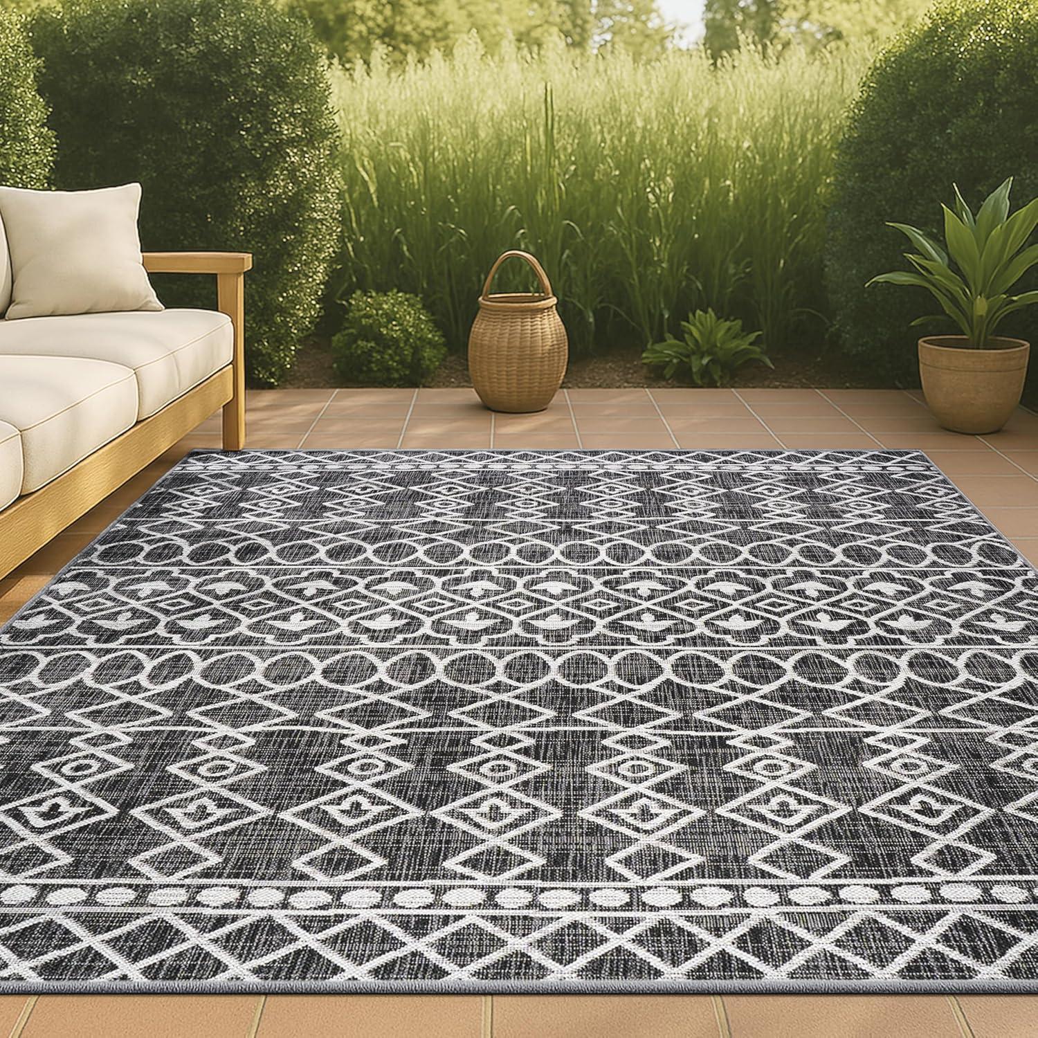 3'x5' Kafel Modern Bohemian Indoor/Outdoor Area Rug, Black/Ivory - JONATHAN Y