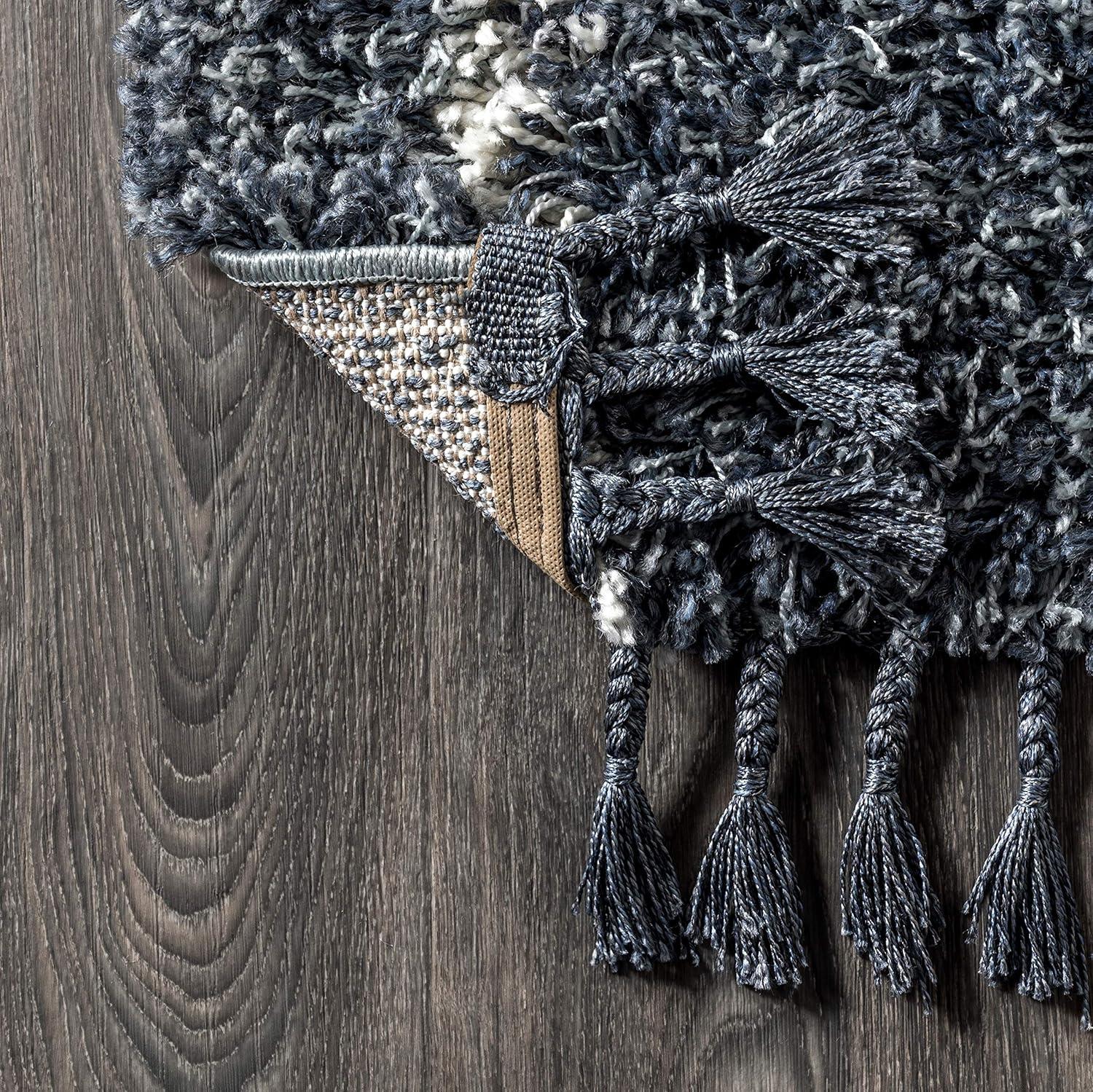 4'x6' Mercer Shag Plush Tassel Moroccan Geometric Trellis Area Rug, Denim/Cream - JONATHAN Y