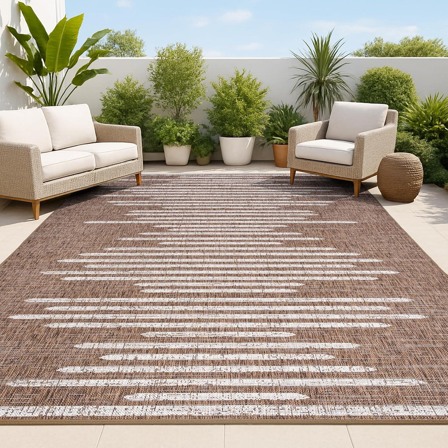 8'x10' Zolak Berber Stripe Geometric Indoor/Outdoor Area Rug, Brown/Beige - JONATHAN Y