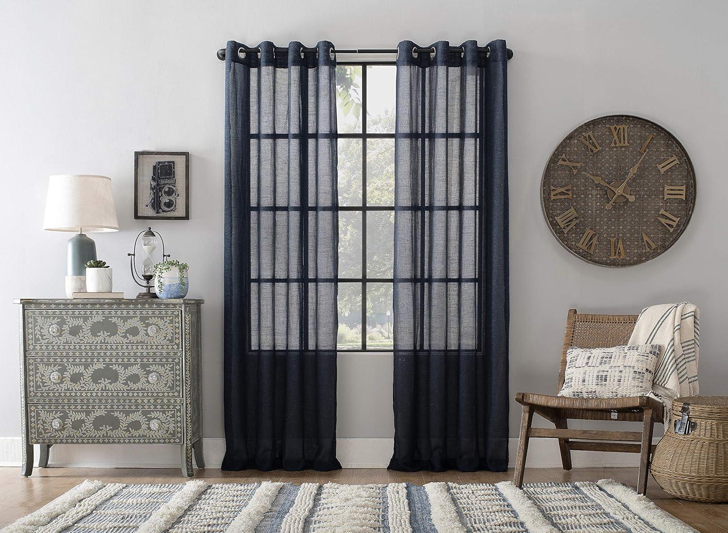 84"x52" Slub Textured Linen Blend Grommet Top Curtain Navy - Archaeo: Modern Light Filtering Panel