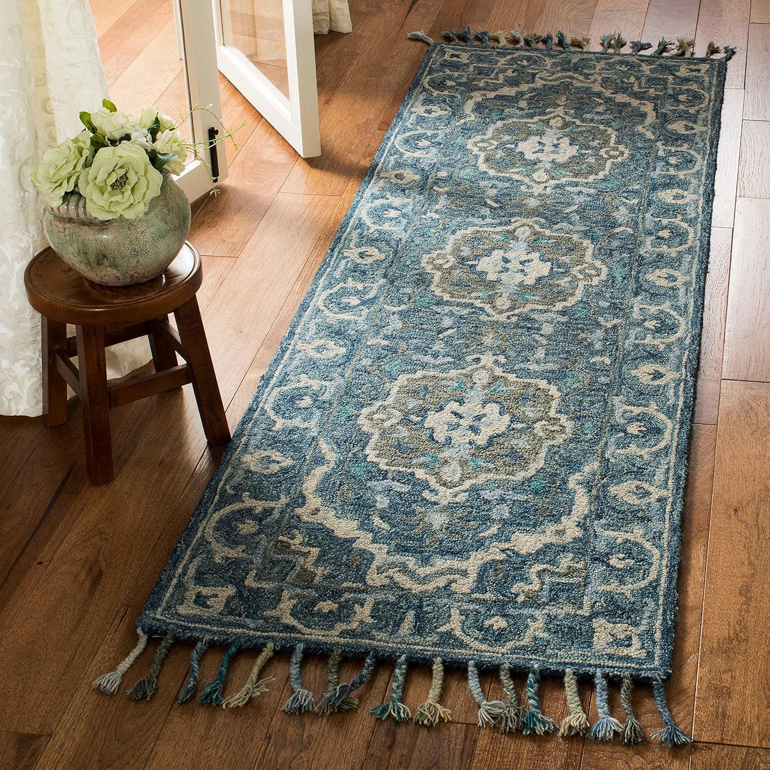 Bohemian Bliss Dark Blue Floral Hand-Tufted Wool Area Rug - 9' x 12'