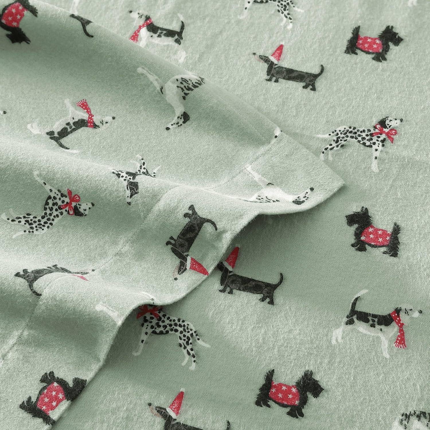Laura Ashley - Full Sheet Set, Cotton Flannel Bedding, Brushed for Extra Softness & Comfort (Holiday Pups Green, Full)