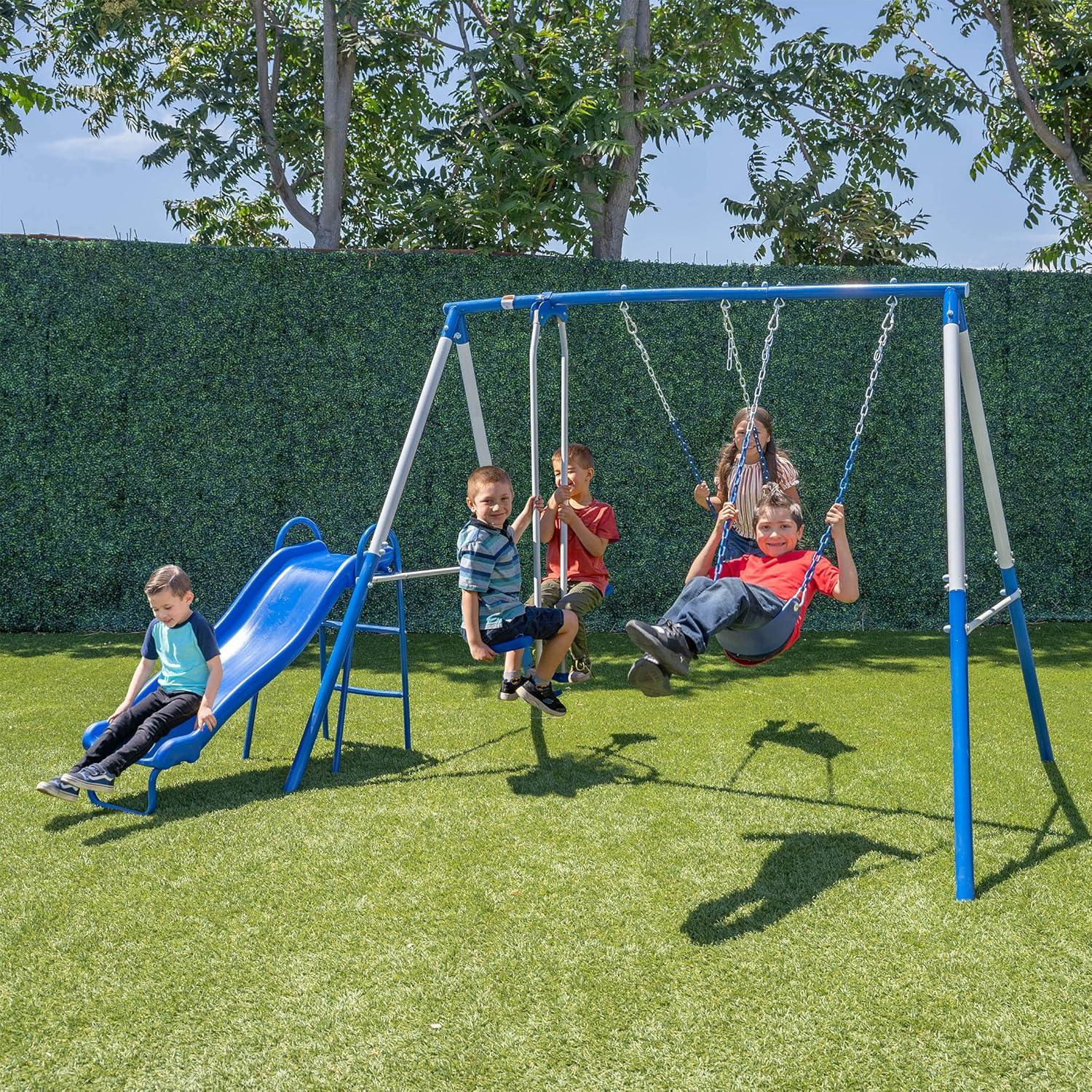 Albany Blue and White Metal Swing Set with Slide and Glider