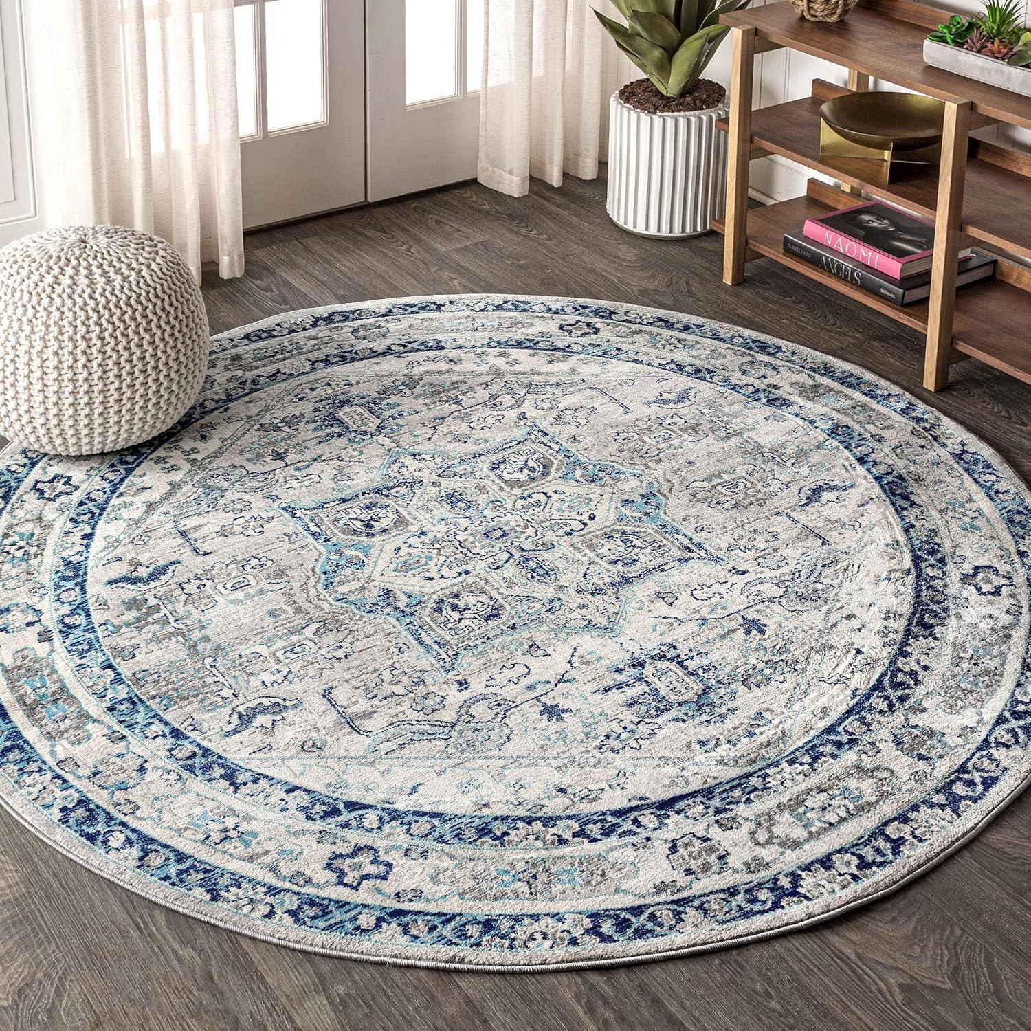 6' round Modern Persian Vintage Medallion Area Rug, Light Grey/Blue - JONATHAN Y