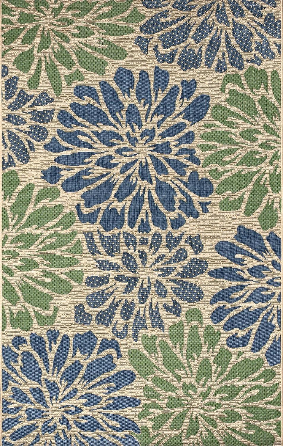 9' X 12' Zinnia Modern Floral Textured Weave Indoor/Outdoor Area Rug, Navy/Green - JONATHAN Y