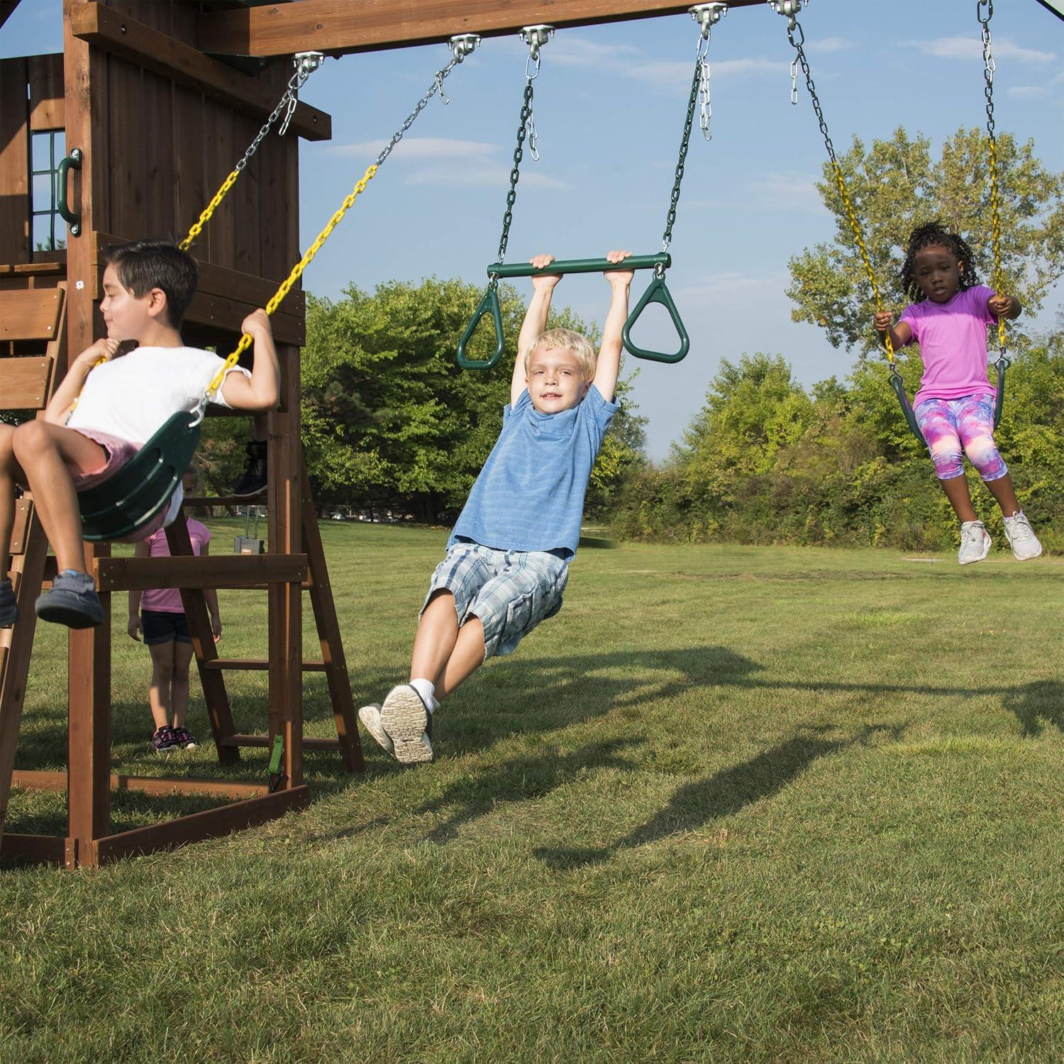 Swing-N-Slide Castlebrook Wooden Backyard Swing Set with Wave Slide, Curved Slide, Climbing Wall, and Swings