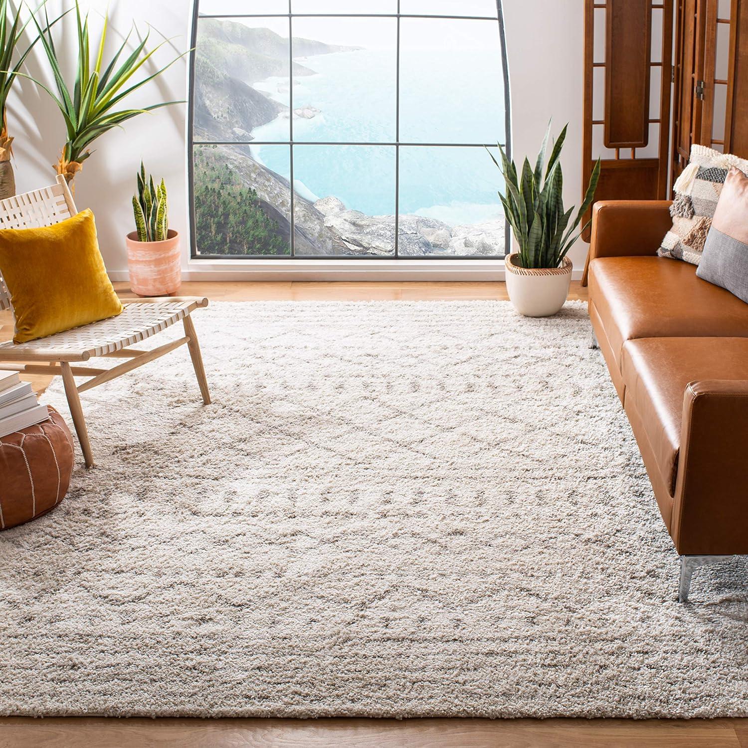 SAFAVIEH Arizona Teagan Geometric Striped Shag Area Rug, Ivory/Beige, 9' x 12'