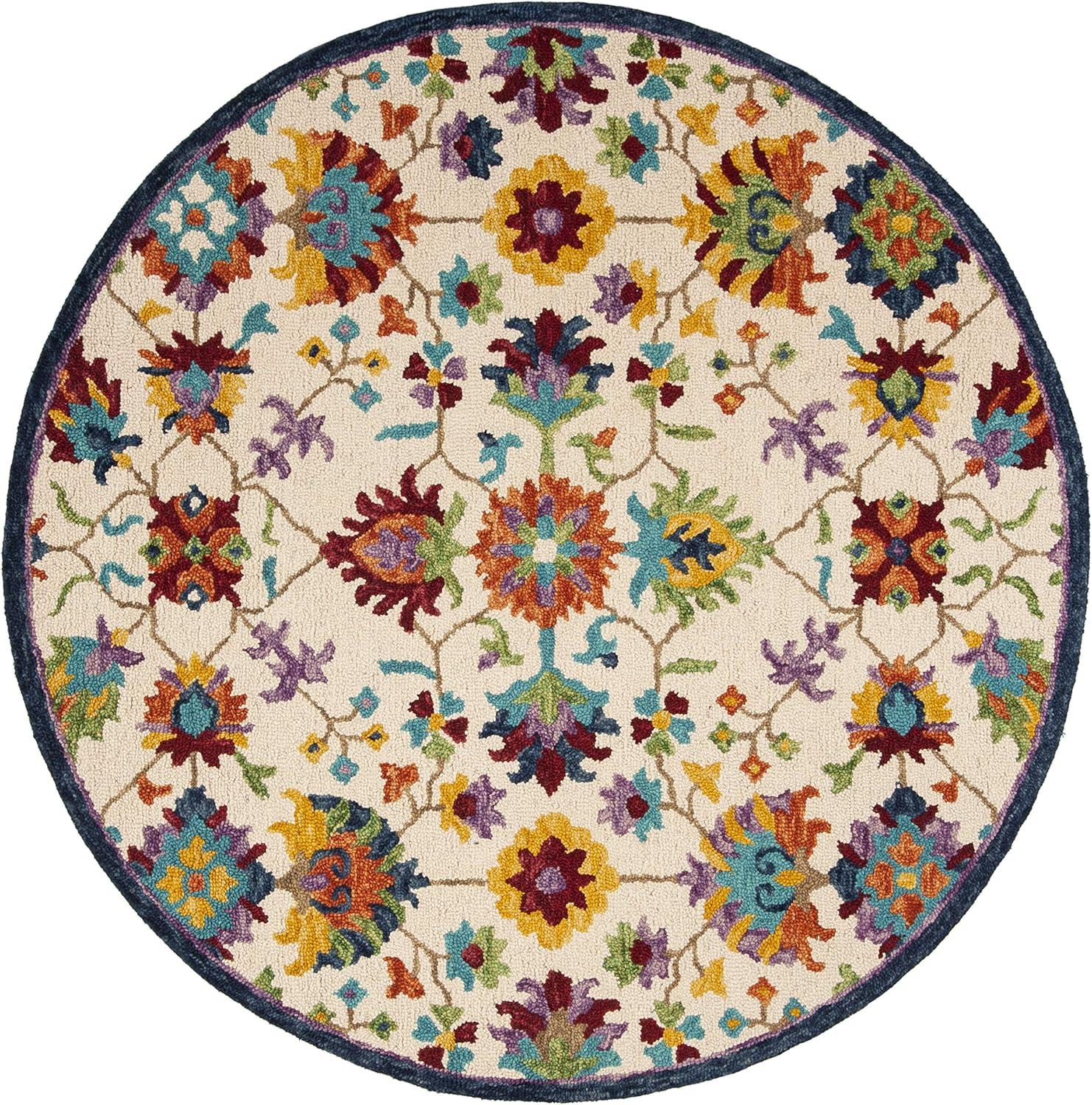 Handmade Tufted Round Blue Floral Wool Rug - 59 in