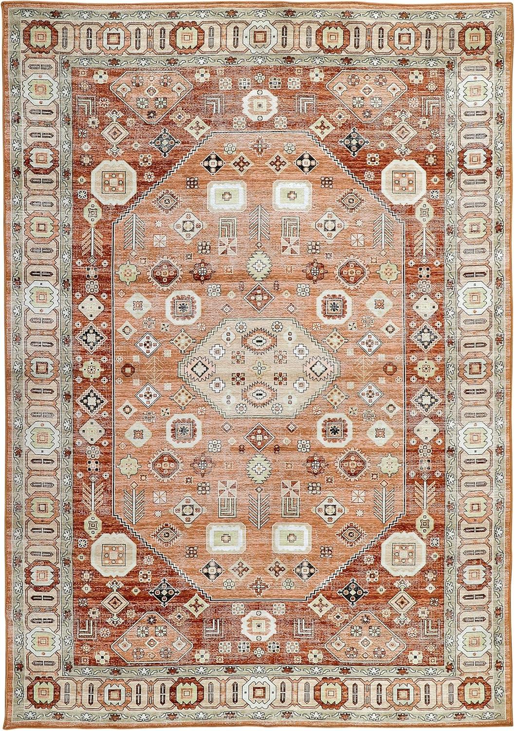Machine Washable Thin Area Rug - Oriental Vintage Rust Red Kitchen, Bedroom, Hallway, Bathroom, and Entryway 3x5 Rugs - Stain and Water-Resistant - Non-Slip - Pet and Kid Friendly