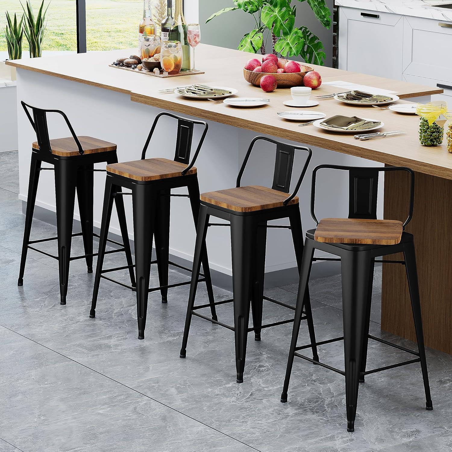 Industrial Black Metal Bar Stools with Wood Seats, Set of 4