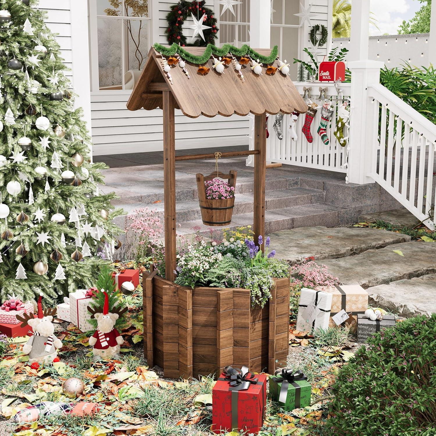 Rustic Brown Fir Wood Hanging Wishing Well Planter