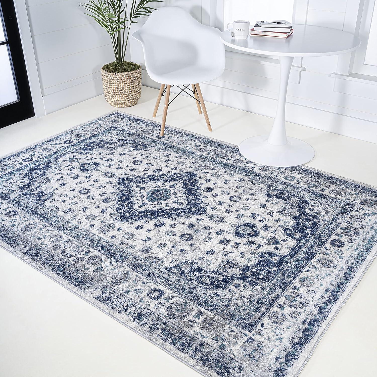 8'x 10' Indhira Ornate Medallion Persian Area Rug, Blue/Gray - JONATHAN Y