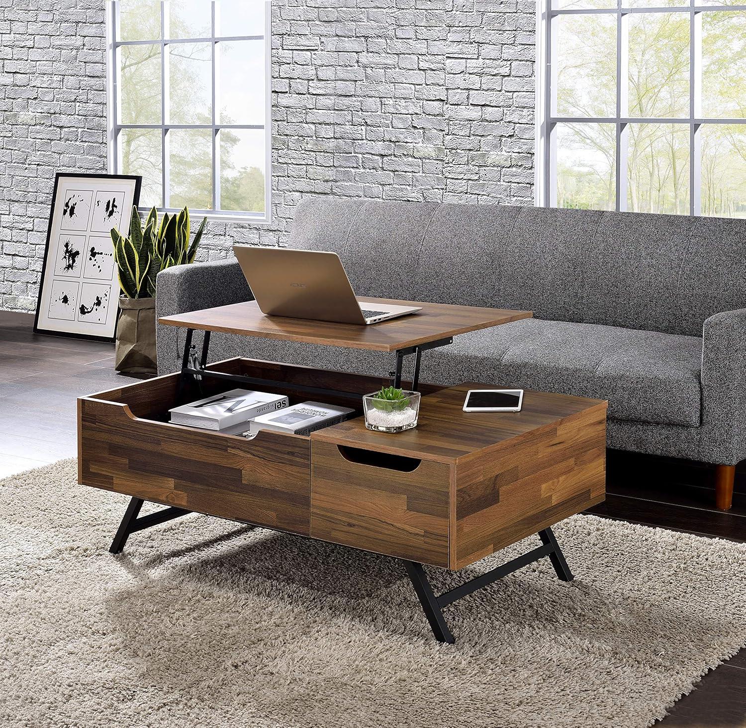 Walnut Rectangular Wood and Metal Lift-Top Coffee Table