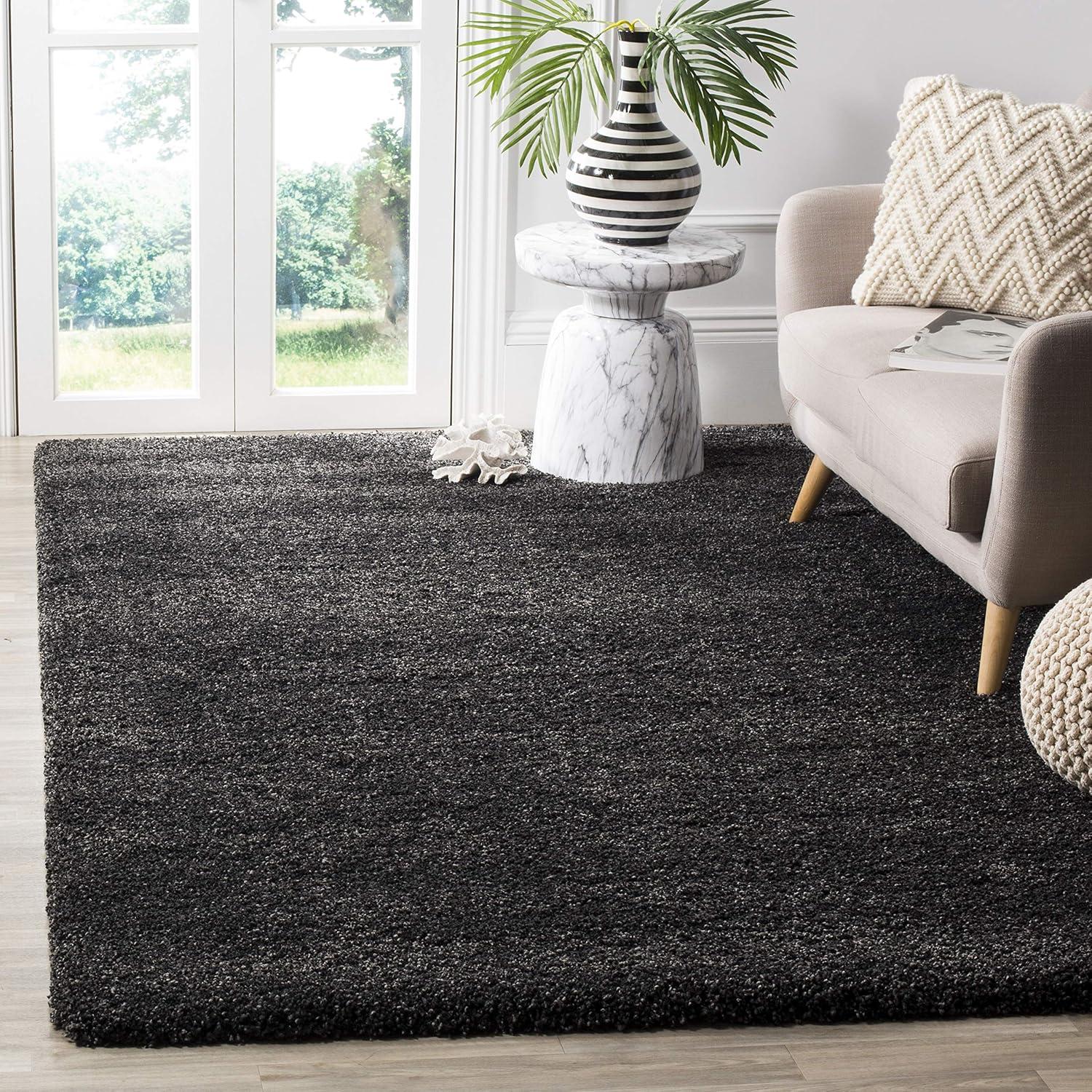 Dark Grey Square Shag Synthetic Easy Care Rug