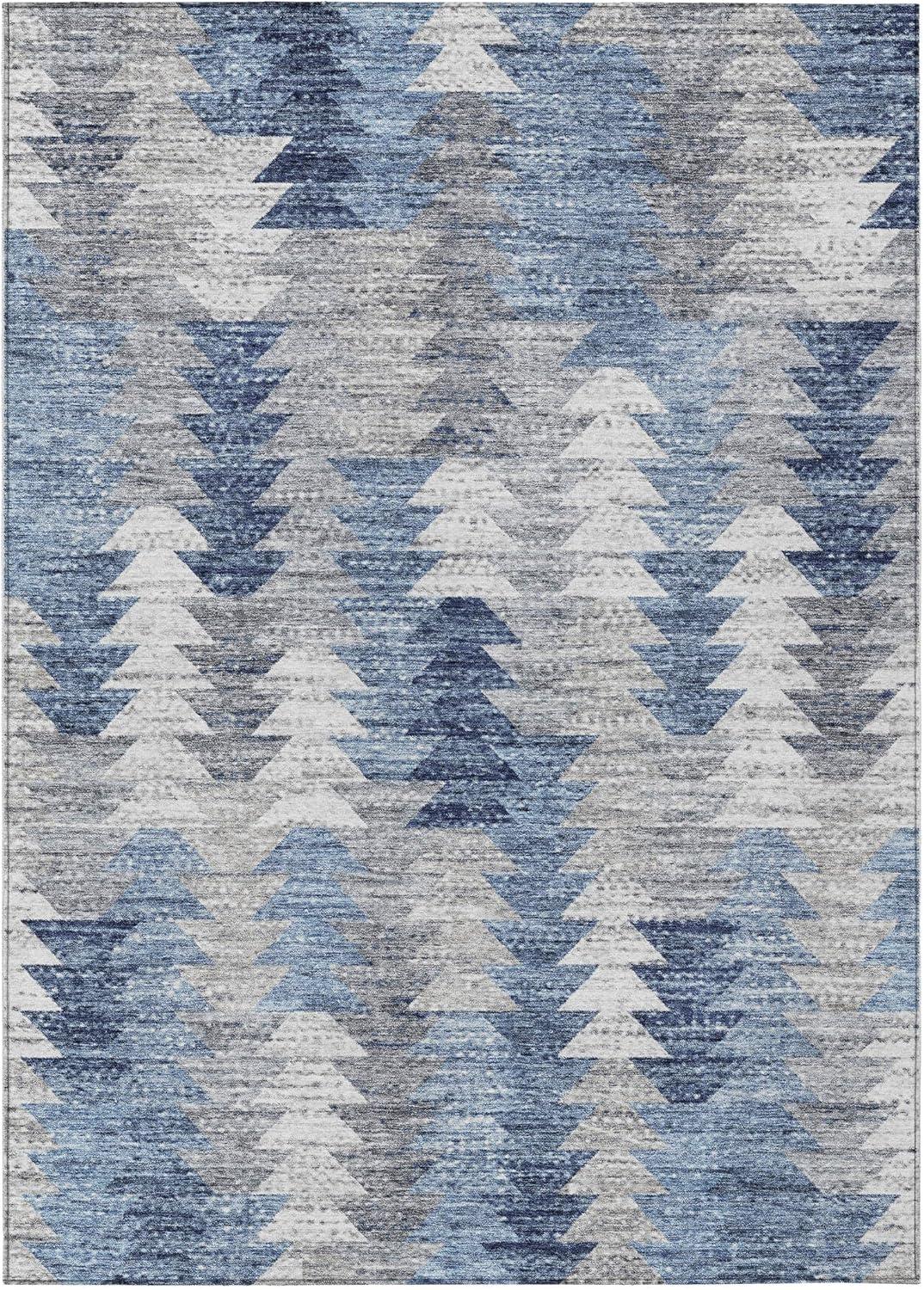 Blue and Gray Geometric Pattern Washable Rug