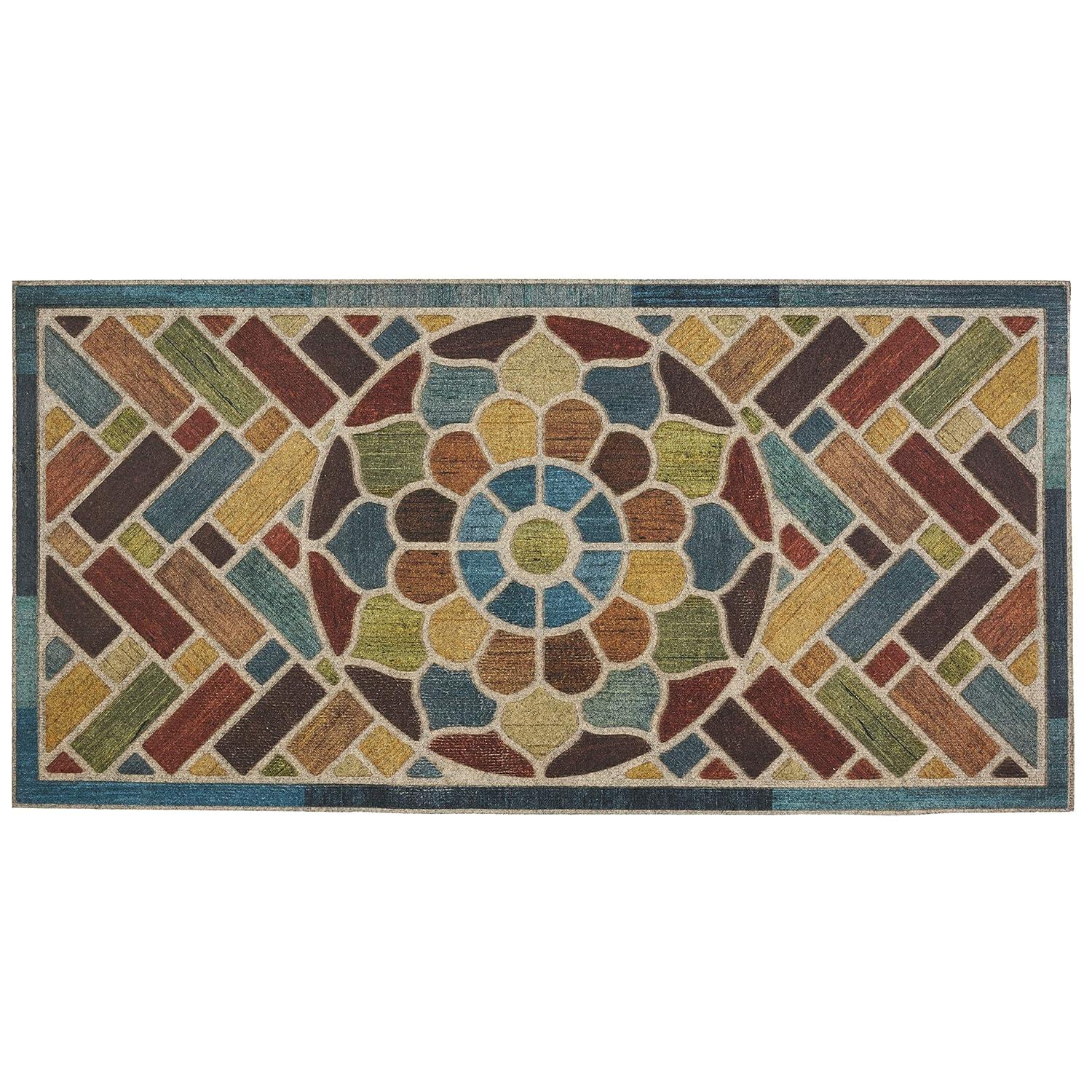 Mohawk Home Entry Recycled Rubber Non- Slip Indoor Outdoor Stoney Medallion Blue & Yellow Oversize Doormat 2' x 4'