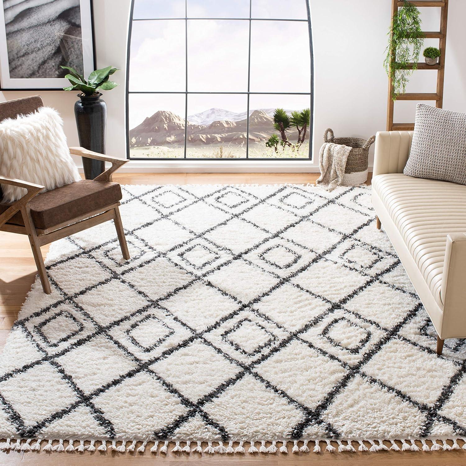 SAFAVIEH Moroccan Tassel Shag Comhgham Geometric Area Rug, Ivory/Dark Grey, 5'3" x 7'6"