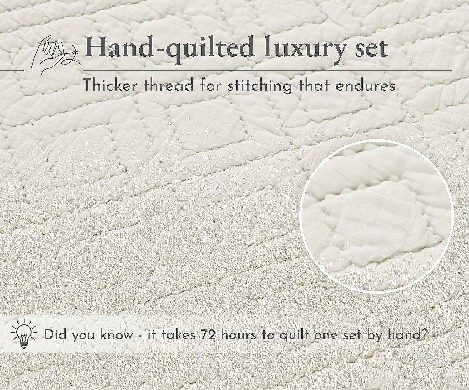 Luxury 100% Cotton Quilt Set, Hand-Quilted, Pre-Softened, Diamond Pattern by California Design Den - Creamy Ivory, King