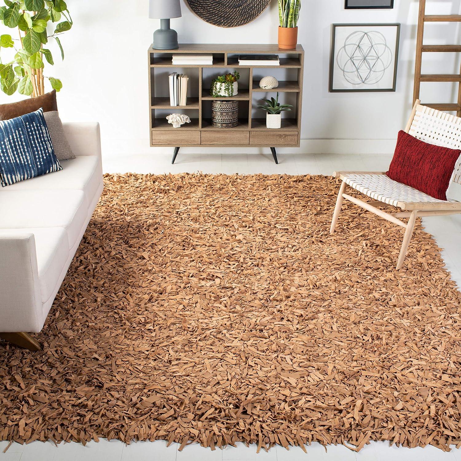 Leather Shag LSG601 Hand Knotted Area Rug - Light Gold - 5'x5' - Safavieh.