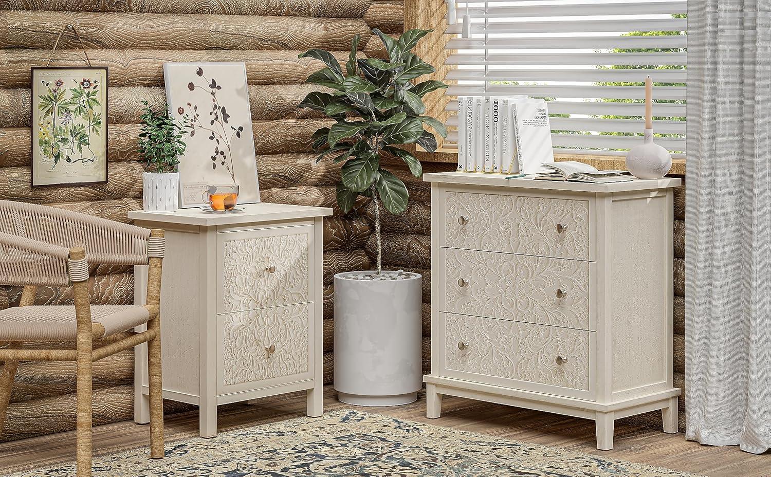 White-Washed Farmhouse 2-Drawer Nightstand with Floral Motif