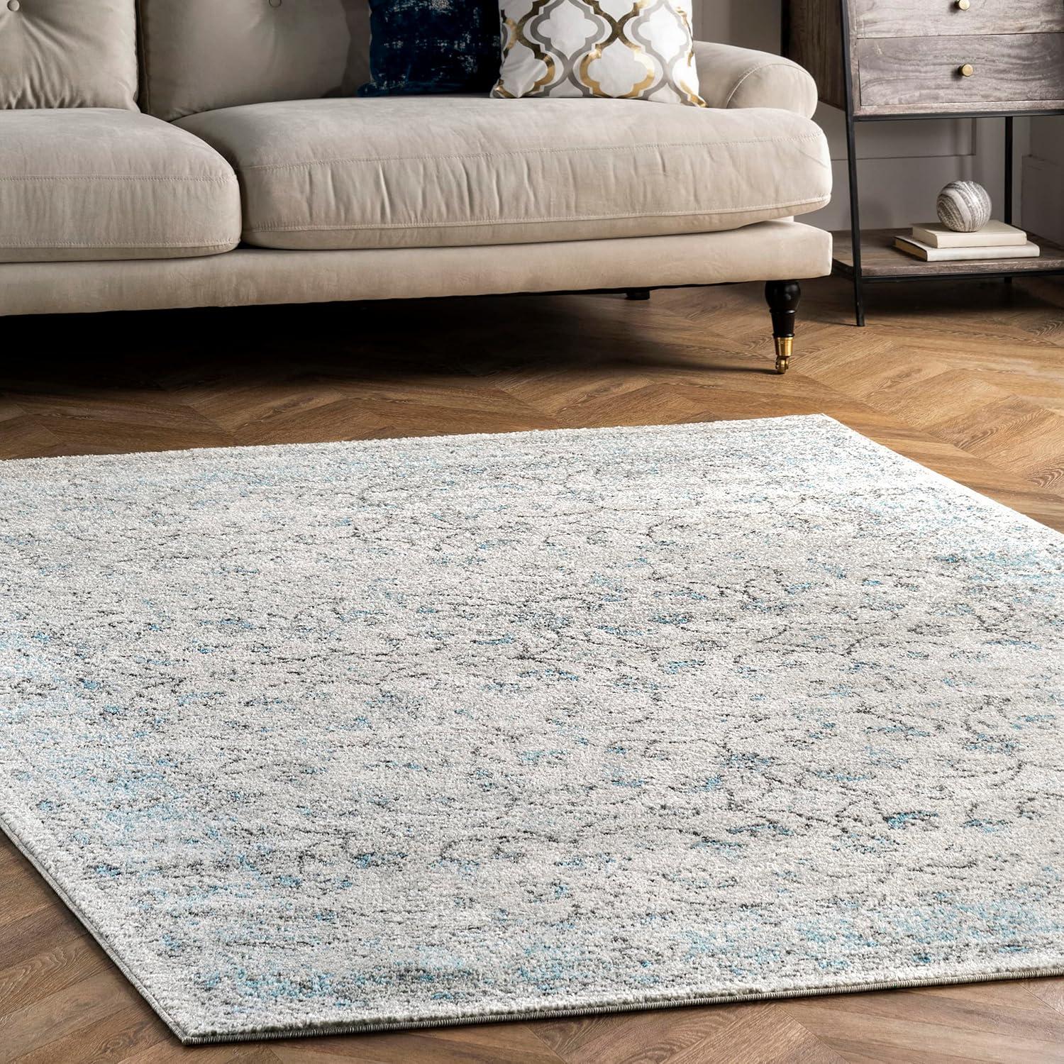 Aqua and Gray Floral Synthetic Reversible Runner Rug, 2' x 6'
